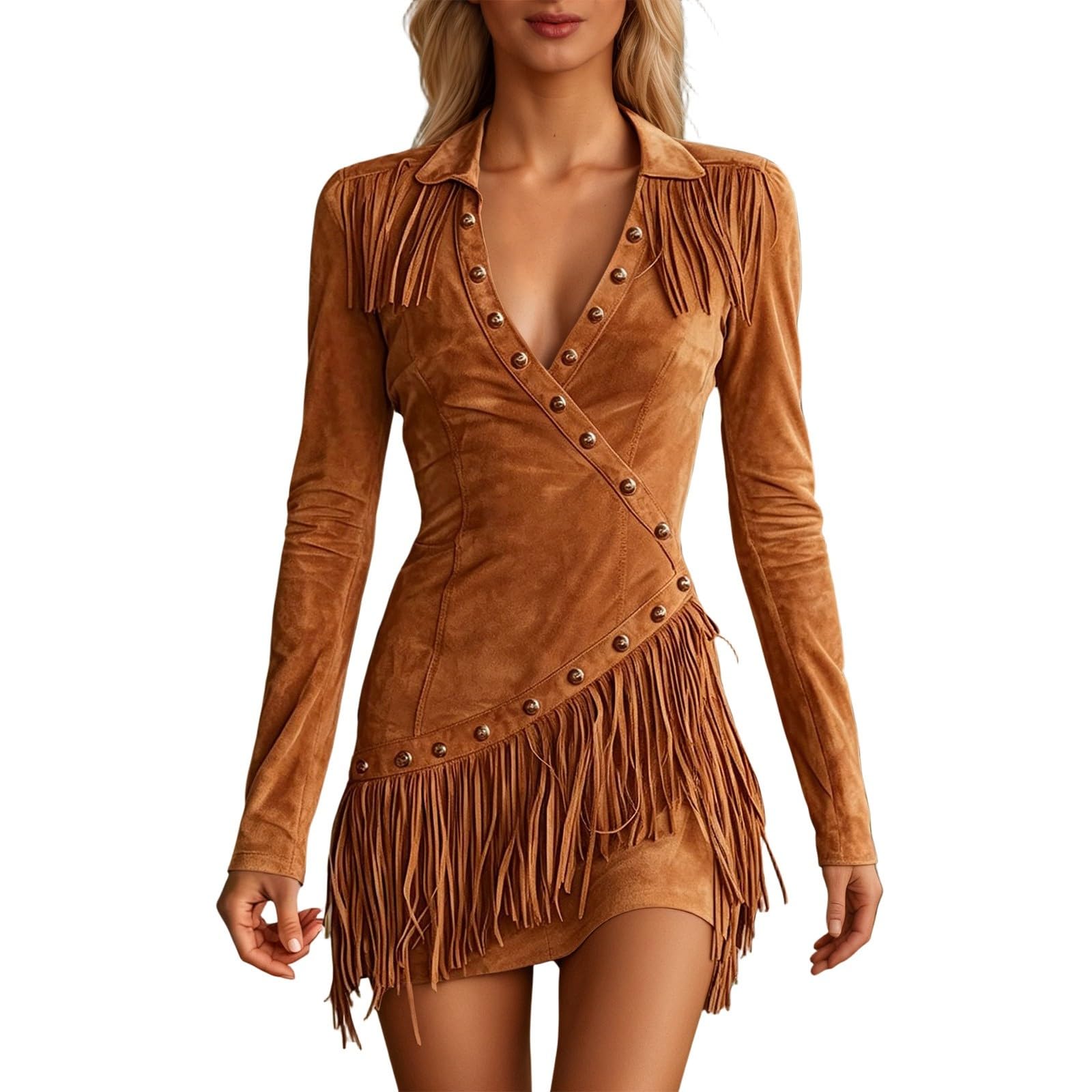 Robe d'été à franges western avec faux strass, moulante à manches longues, jupe courte pour femme, idéale pour le quotidien, le bureau, les vacances, le campus