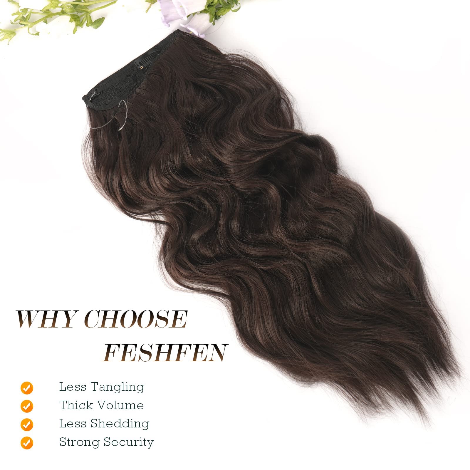 FESHFEN Extension Cheveux Fil Invisible Naturel - Longue Ondulés Fil Secrets Wire Hair Extensions Brun Foncé Synthétique Rajout Cheveux pour Femme, 50 cm