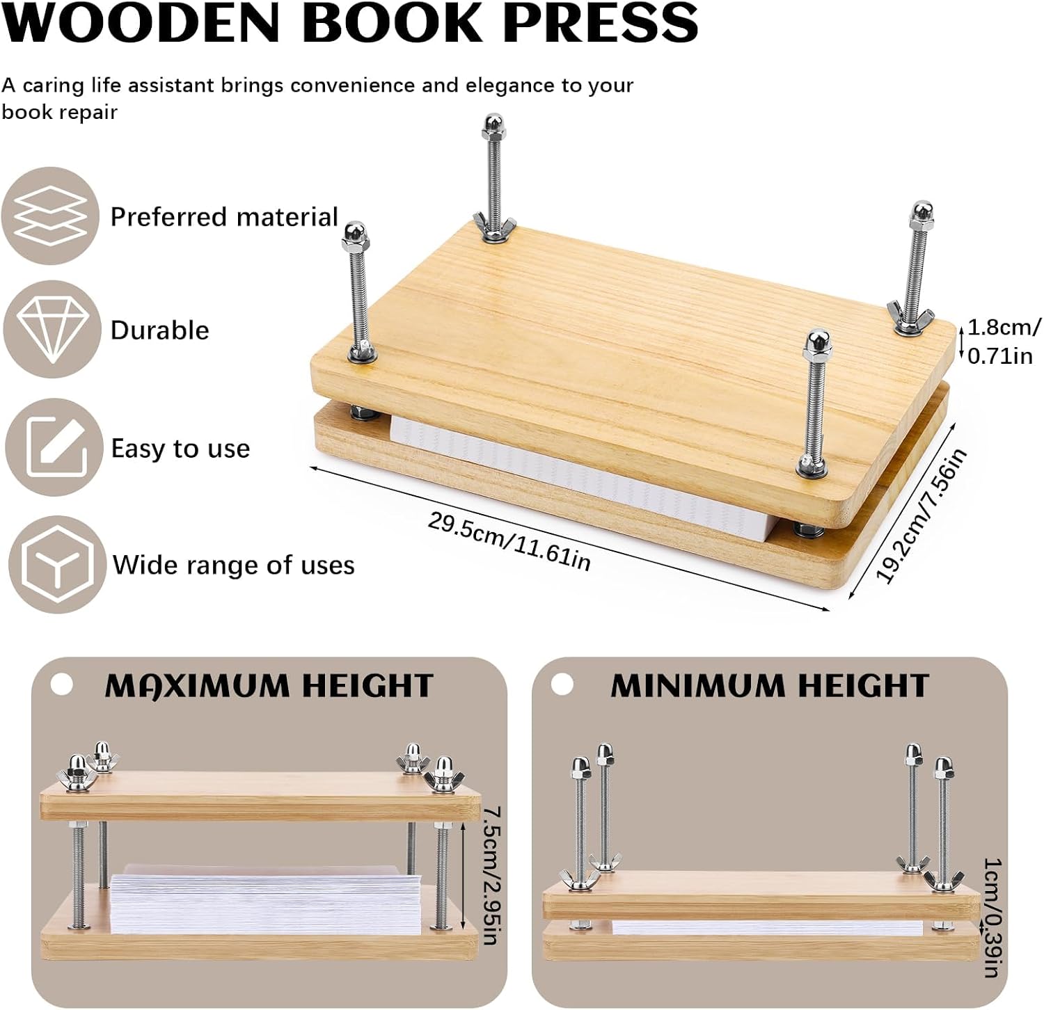 JUPEAN Book Press—7.9”x11.6” Wooden Book Binding Press Bookbinding Kit Flower Press Kit Portable and Easy Assemble Books Binding Kits for DIY Bookbinding