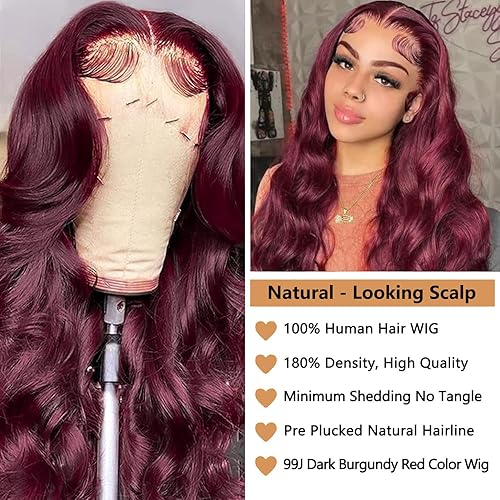 Miniatura 9 de Pelucas de cabello humano con encaje frontal color burdeos 99j para mujeres, pelucas de cabello humano ondulado sin pegamento, densidad 180, peluca