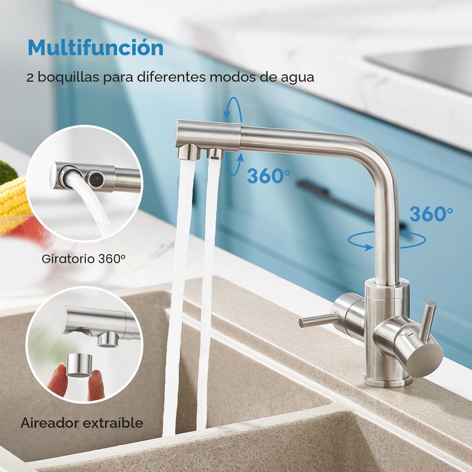 Grifo de Cocina de 4 vías de Doble Palanca, Grifo de Fregadero Cocina con Agua Potable y Agua con Gas para filtro de Agua y Burbujeador acero inoxidable, cepillado