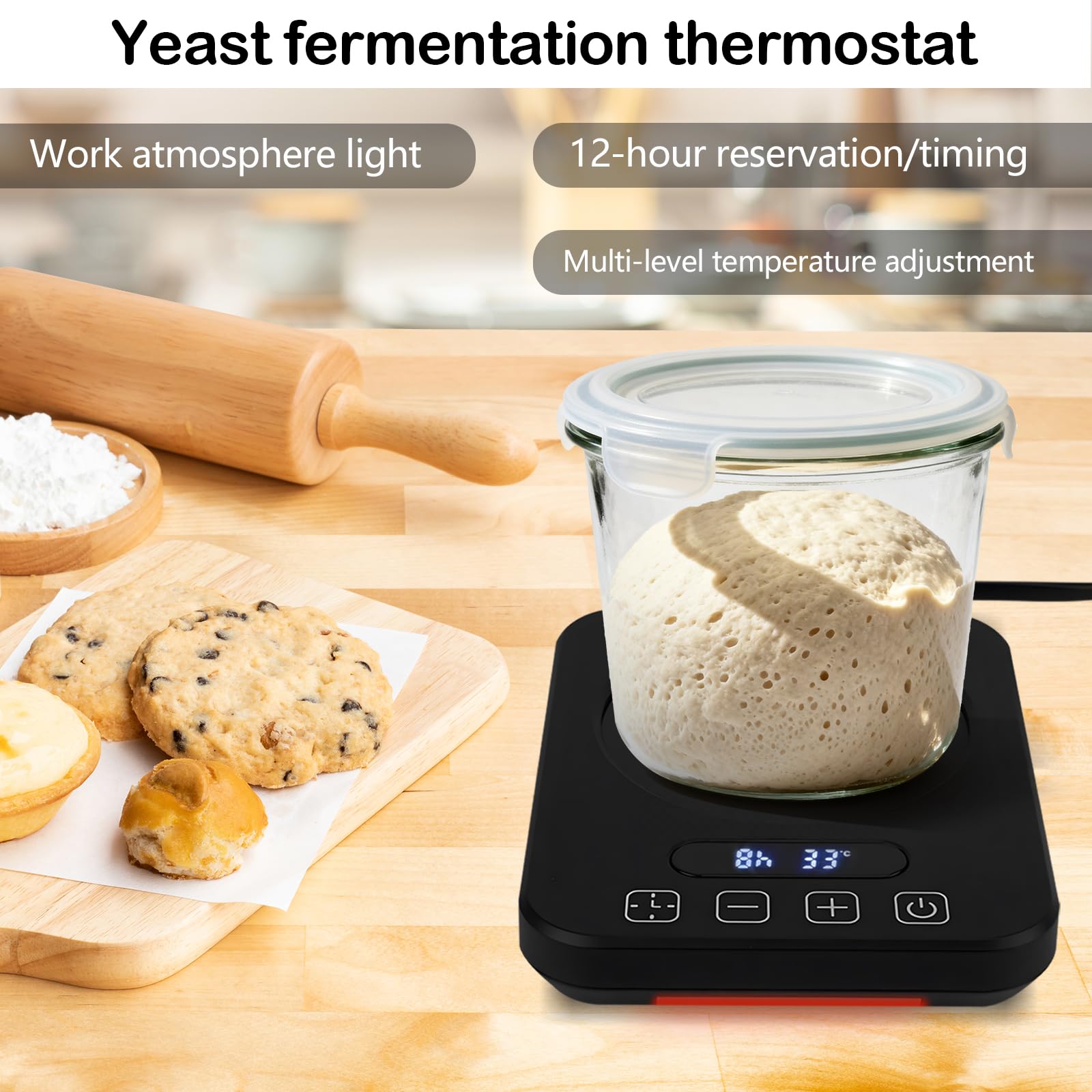 Calentador de Masa Madre, Termostato de Fermentación de Levadura de 36 W con Control de Temperatura Preciso de 20-38 ° C, Temporizador de 12 Horas y Función de Encendido/Apagado Automático