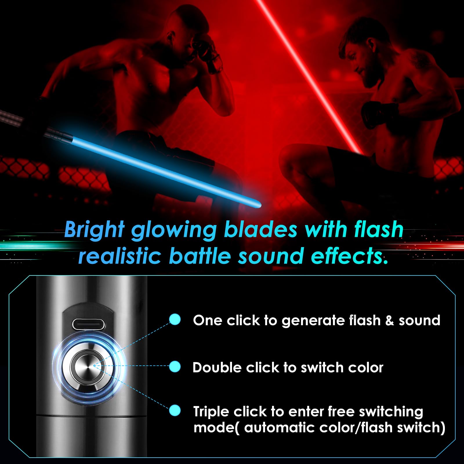 Spada Laser per Bambini e Adulti,Spada Laser Ricaricabile Via USB, Spada Laser con 15 Colori e 12 Effetti sonori, Adatta a duelli intensi