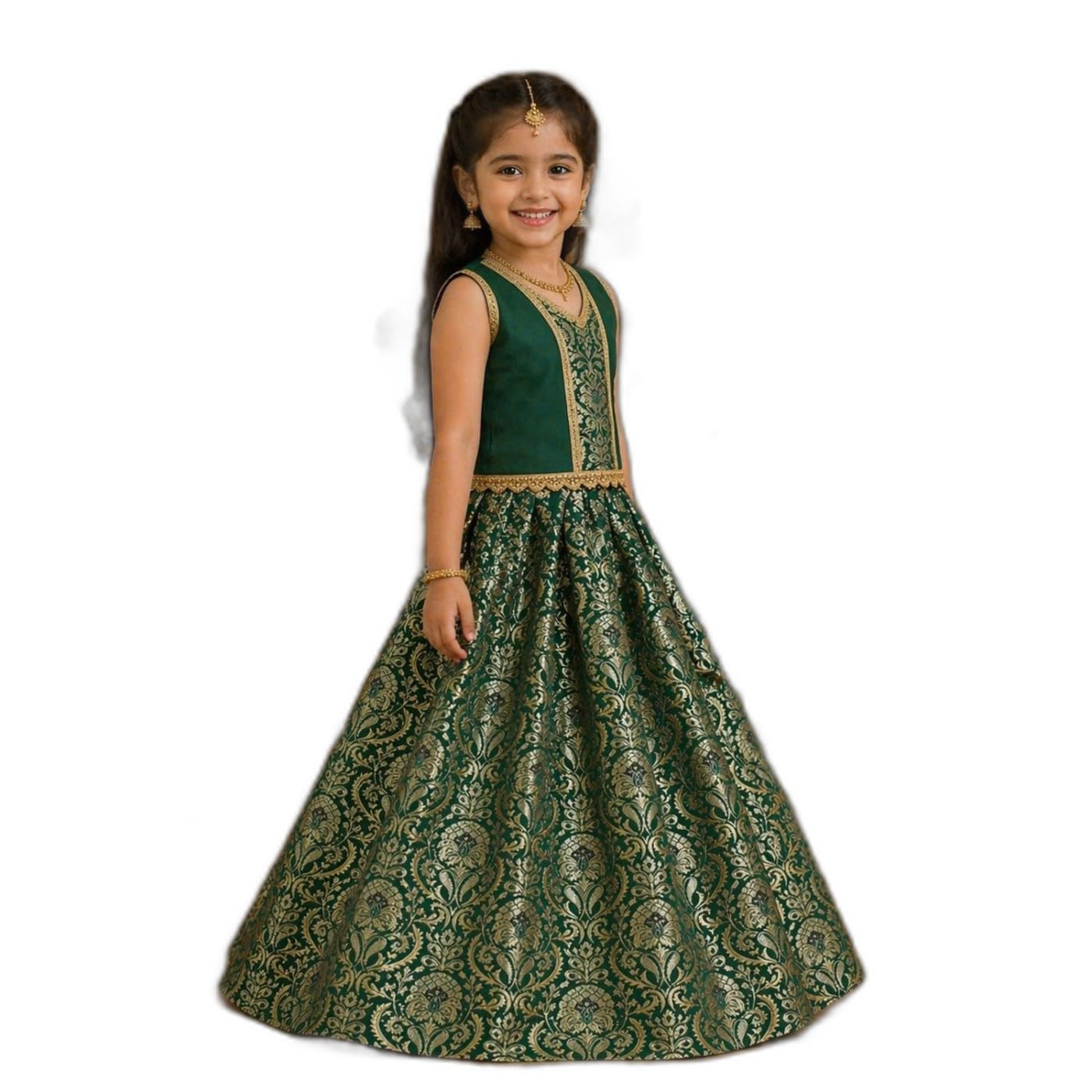Ethzy Baby Girls Jacquard Lehenga Choli Set | Traditional Ethnic Wear for Festivals and Weddings | Green and Gold Festive Outfit for Kids-picture-11