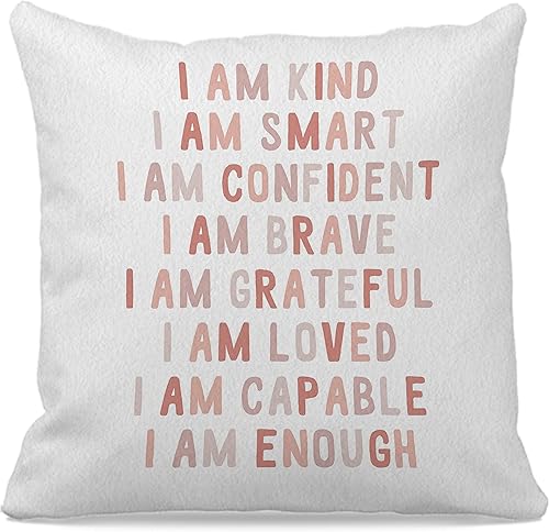 Funda de almohada bohemia con texto en inglés "I Am Kind Smart Confident Brave Loved Loved - Funda de cojín decorativa de 18 x 18 pulgadas, diseño