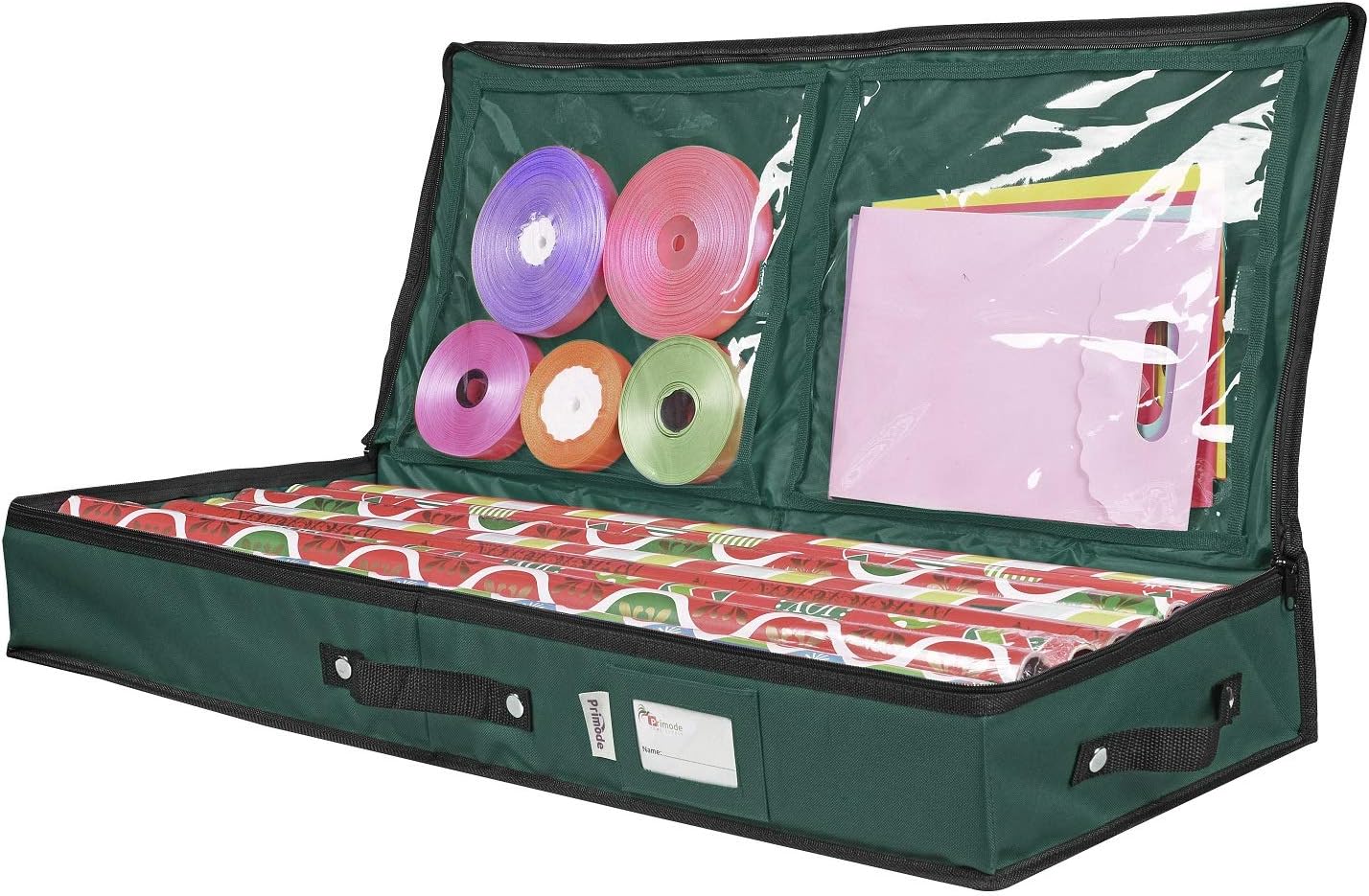 Primode Wrapping Paper Storage Container | Under Bed Gift Wrap Organizer for 30 Inch Rolls | 31”x13.5”x4.5” | 600D Oxford Material | Box Holder with Pockets for Ribbon, Bows, and Accessories (Green)