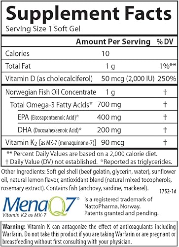 Miniatura 4 de Carlson - Elite Omega-3 Plus D & K, 700 mg Omega-3s + D3 y K2, función, salud ósea y apoyo inmunológico, limón, 180 cápsulas blandas