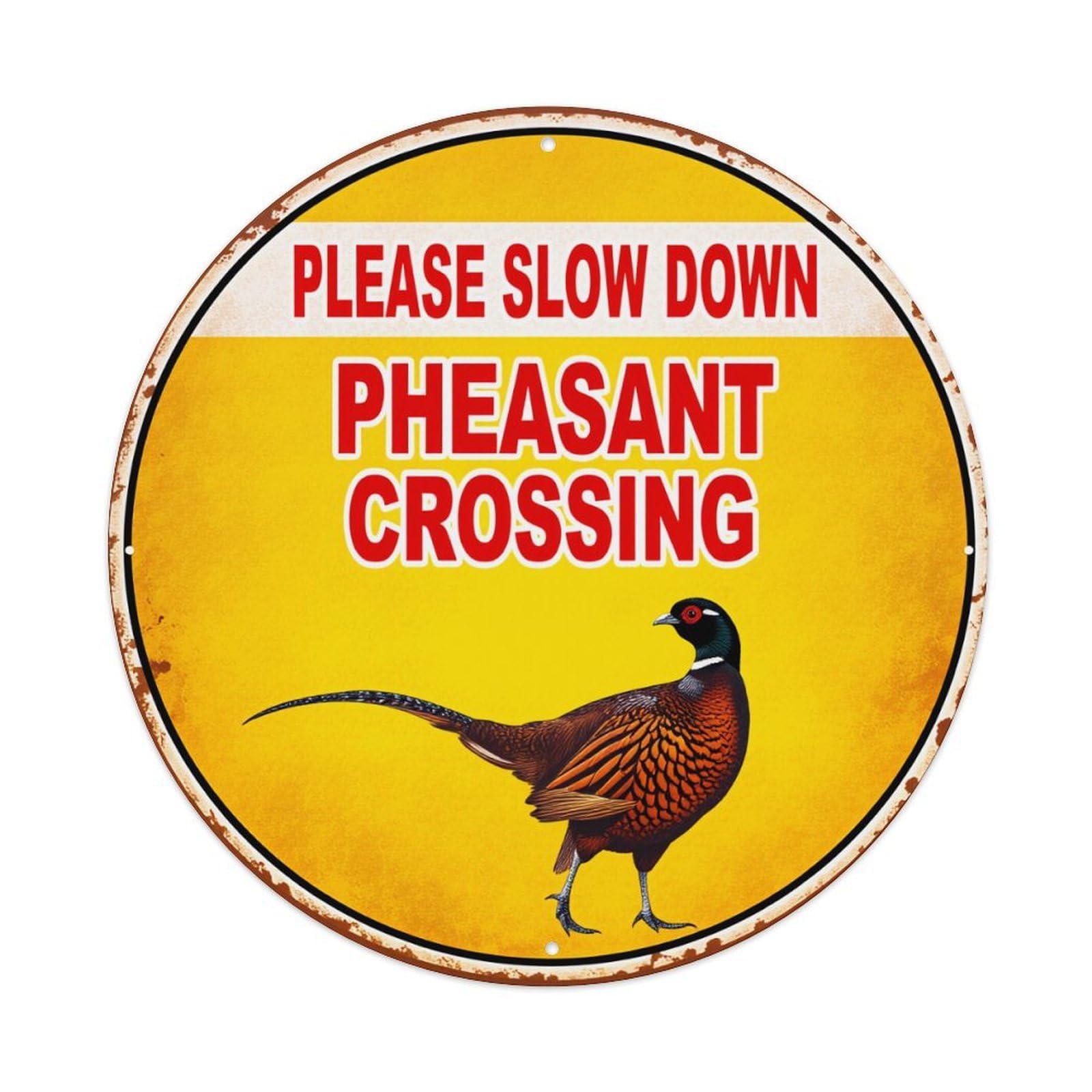 Pheasant Crossing Warning Sign With Bird Image Round Vintage Tin Sign,Retro Wall Art,Metal Poster for Home, Bar, Garage, Cafe, Rustic Indoor & Outdoor Decor, 8x8 Inches