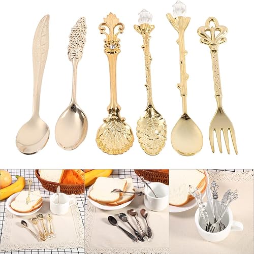Miniatura 5 de Fdit 6 unids/set cubiertos Vintage cuchara postre café cuchara de mezcla cucharadita de helado cuchara de helado tenedor de frutas de metal real