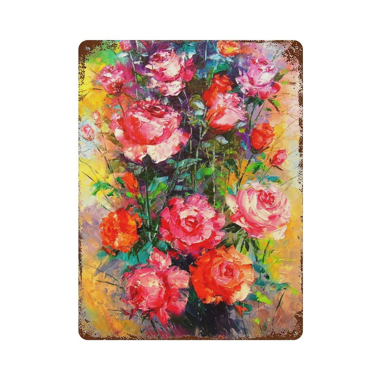 Roses Aged Metal Wall Plaque 15.7"x11.8", Industrial Home Decor for Pub, Kitchen And Man Cave Decor