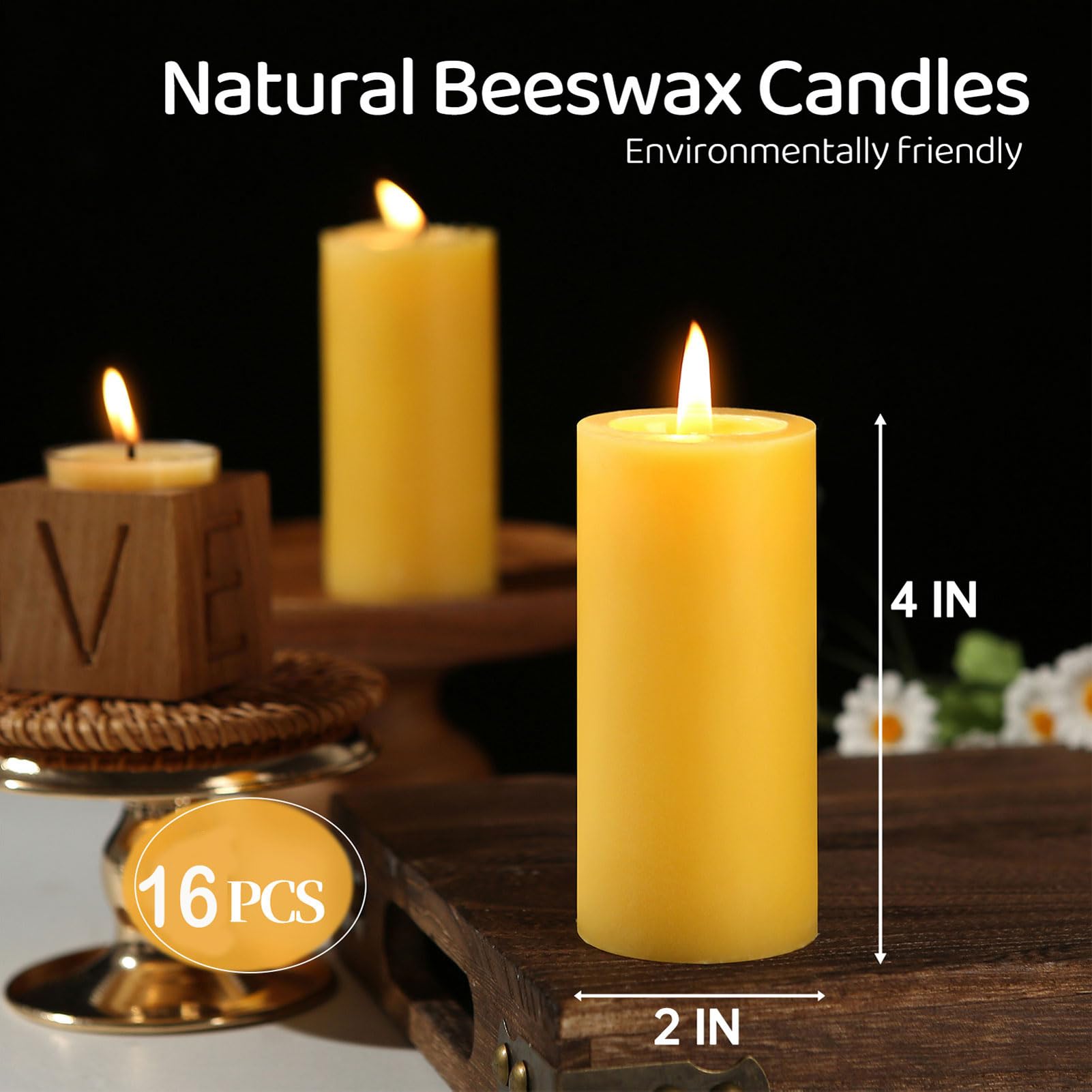 Stumpenkerzen aus natürlichem Bienenwachs, 560 Stunden lang brennend, Bienenwachskerzen für Zuhause, Gebet, Notfall, tropffrei, rauchfrei, Bio-Bienenwachskerzen, blau, 5,1 x 10,2 cm, 16 Stück