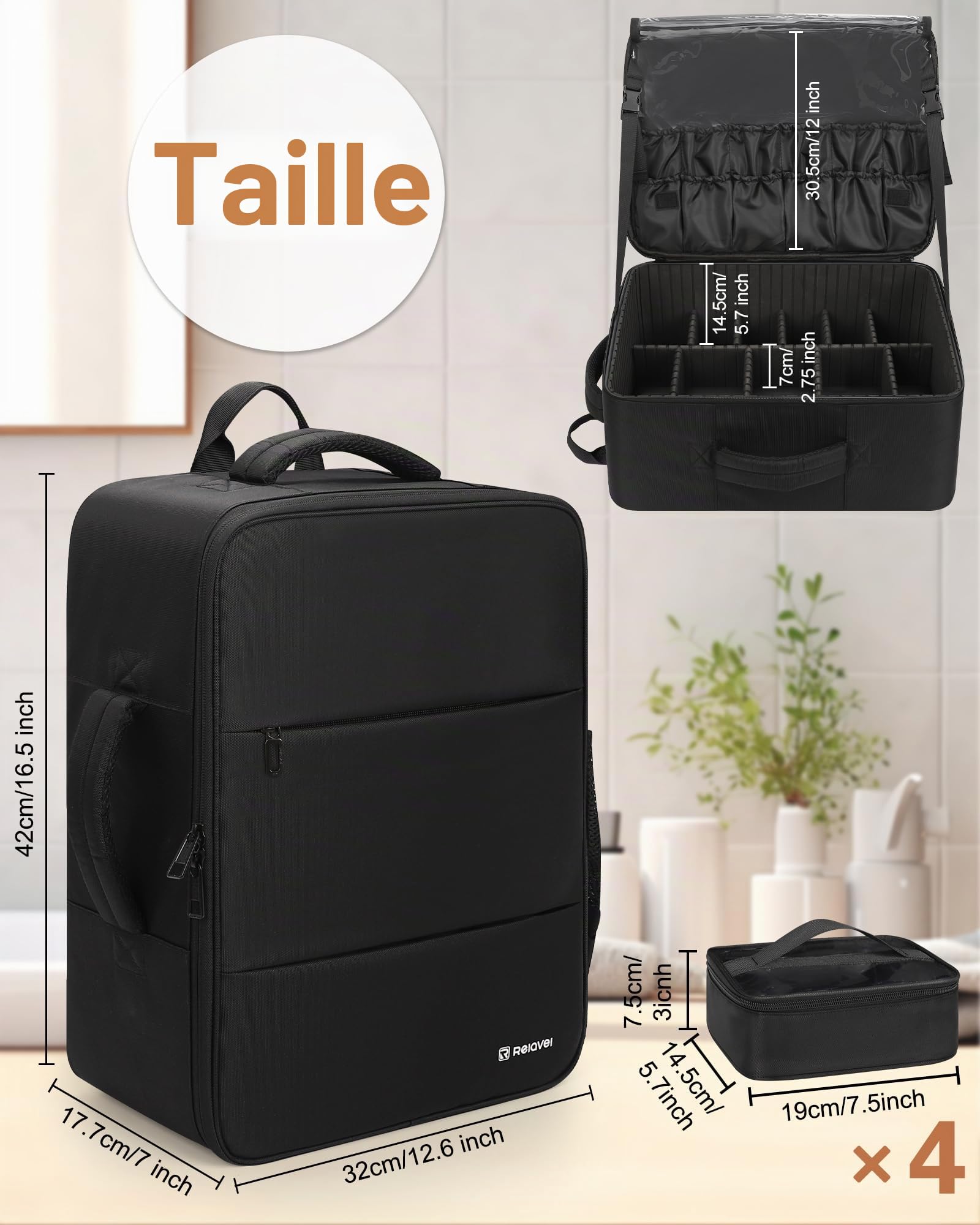 Relavel Sac à dos de maquillage XL professionnel de voyage pour artistes de maquillage – Avec 4 poches transparentes, boîte de rangement pour pinceaux avec séparateurs pour cosmétiques, outils de