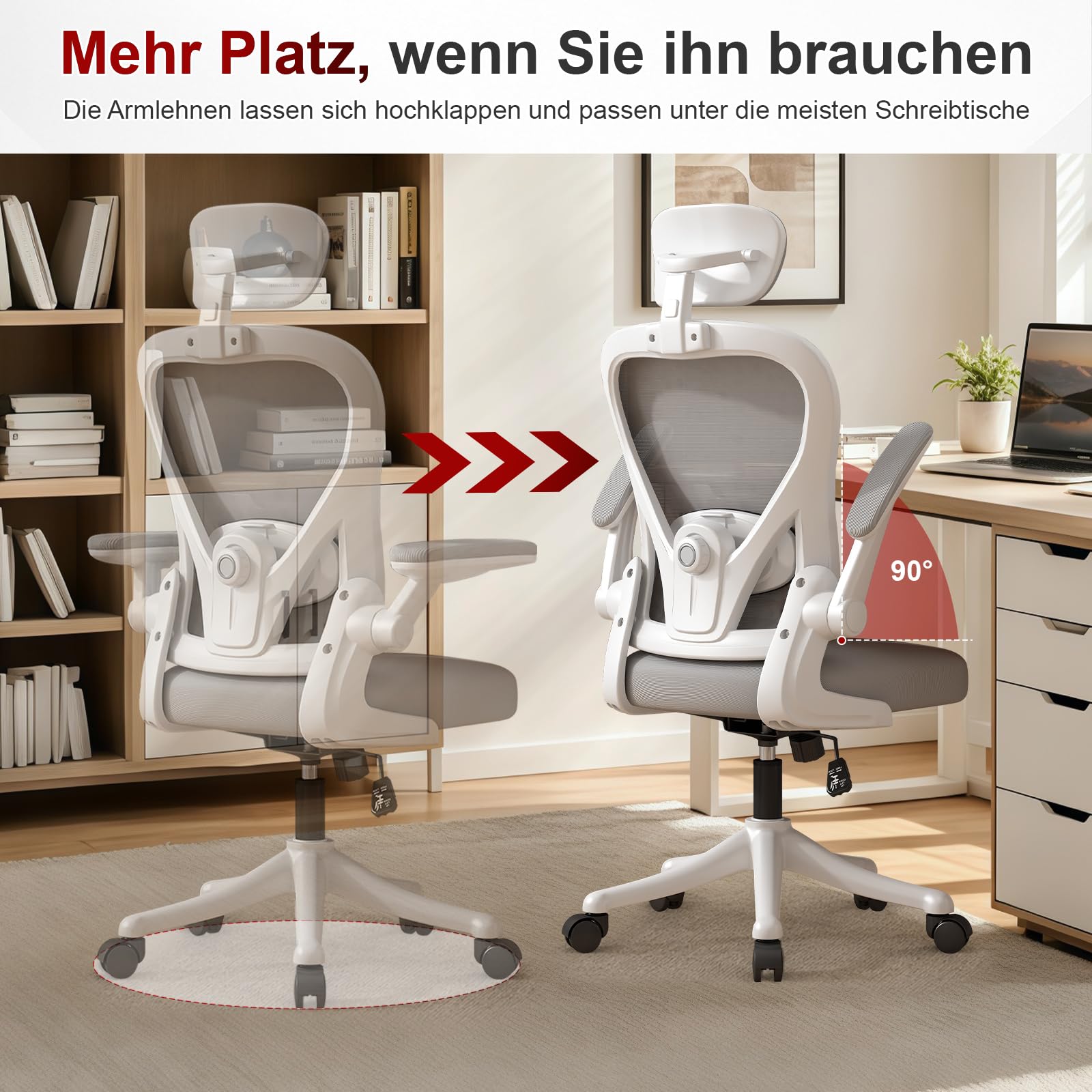 Ergonomischer Bürostuhl für Homeoffice, Schreibtischstuhl mit Verstellbarer Lendenstütze & Kopfstütze, Netzstuhl mit klappbaren Armlehnen, Computerstuhl für Büro, Lernen und Gaming, Grau