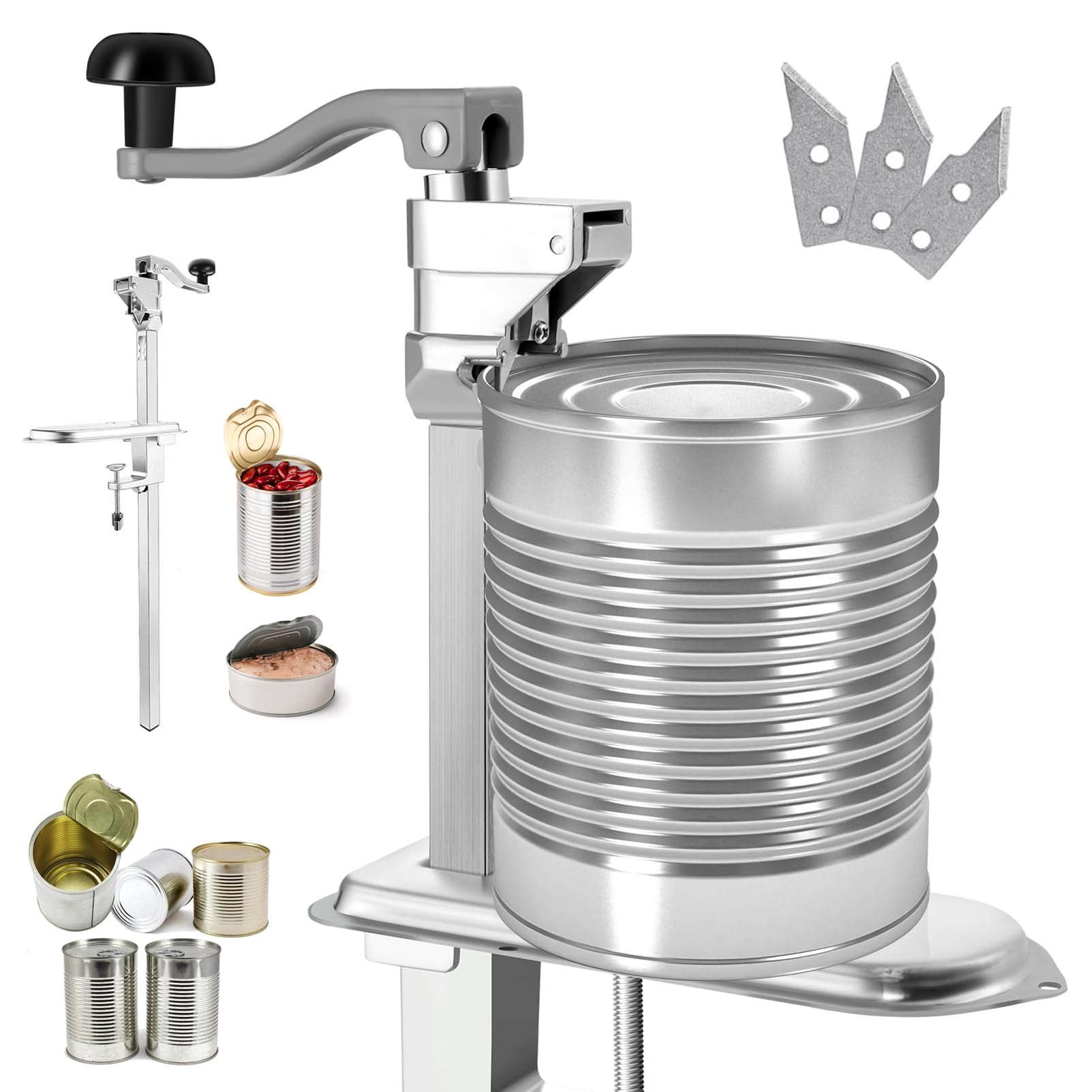 Abrelatas comercial, abrelatas manual resistente para latas de hasta 10 pulgadas, altura ajustable con base resistente y hoja reemplazable, ideal para uso industrial y hotelero