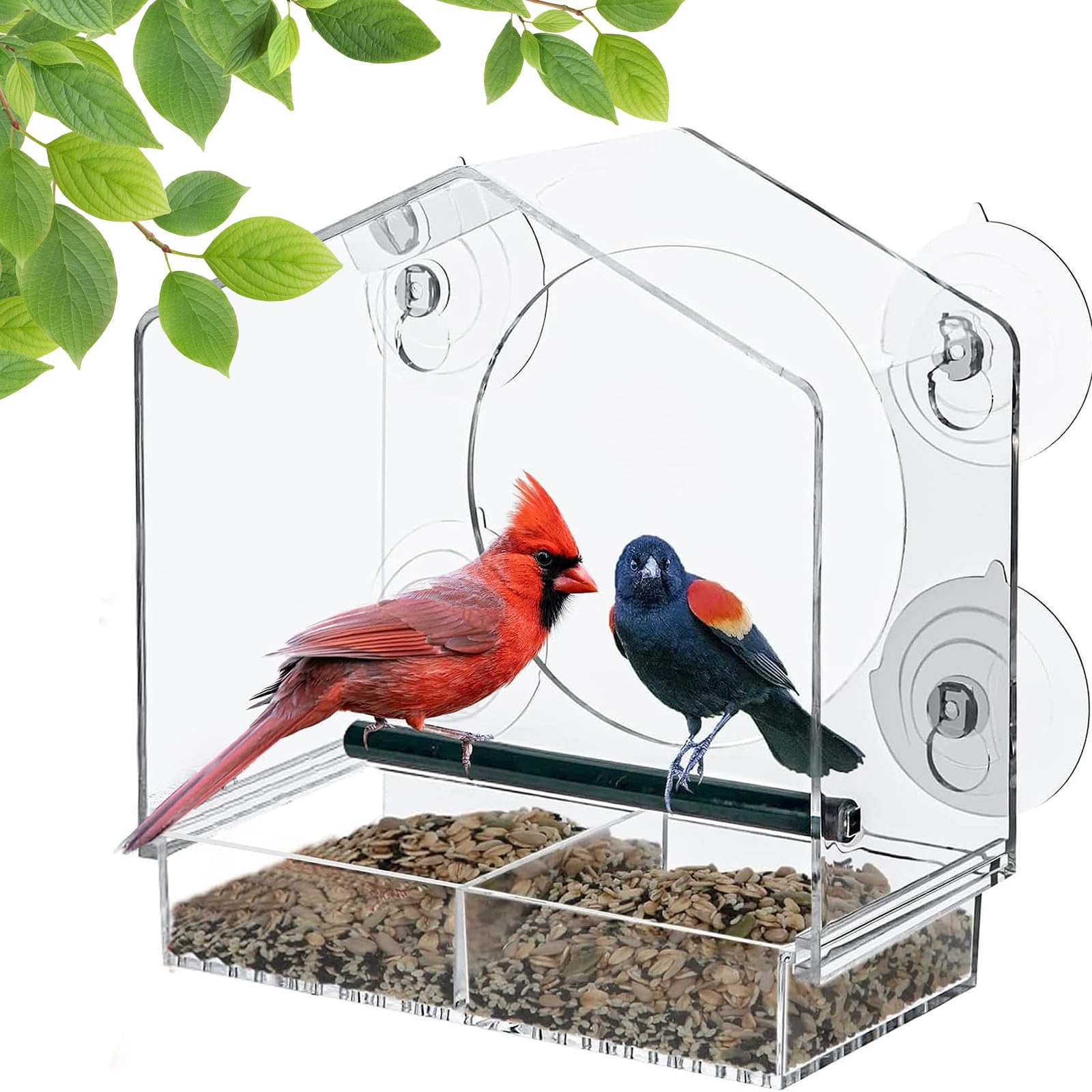 Comedero Pájaros Exterior, Bebedero Pajaros Exterior, Comedero para Ventana Transparente con Ventosas y Bandeja Extraíble - 21 x 20 x 10.3cm
