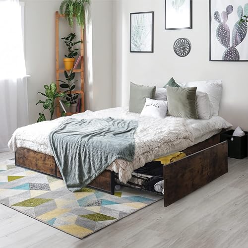 CAPHAUS Base de cama de almacenamiento de metal industrial con 4 cajones, base de colchón con soporte de listones de metal, marco de cama de
