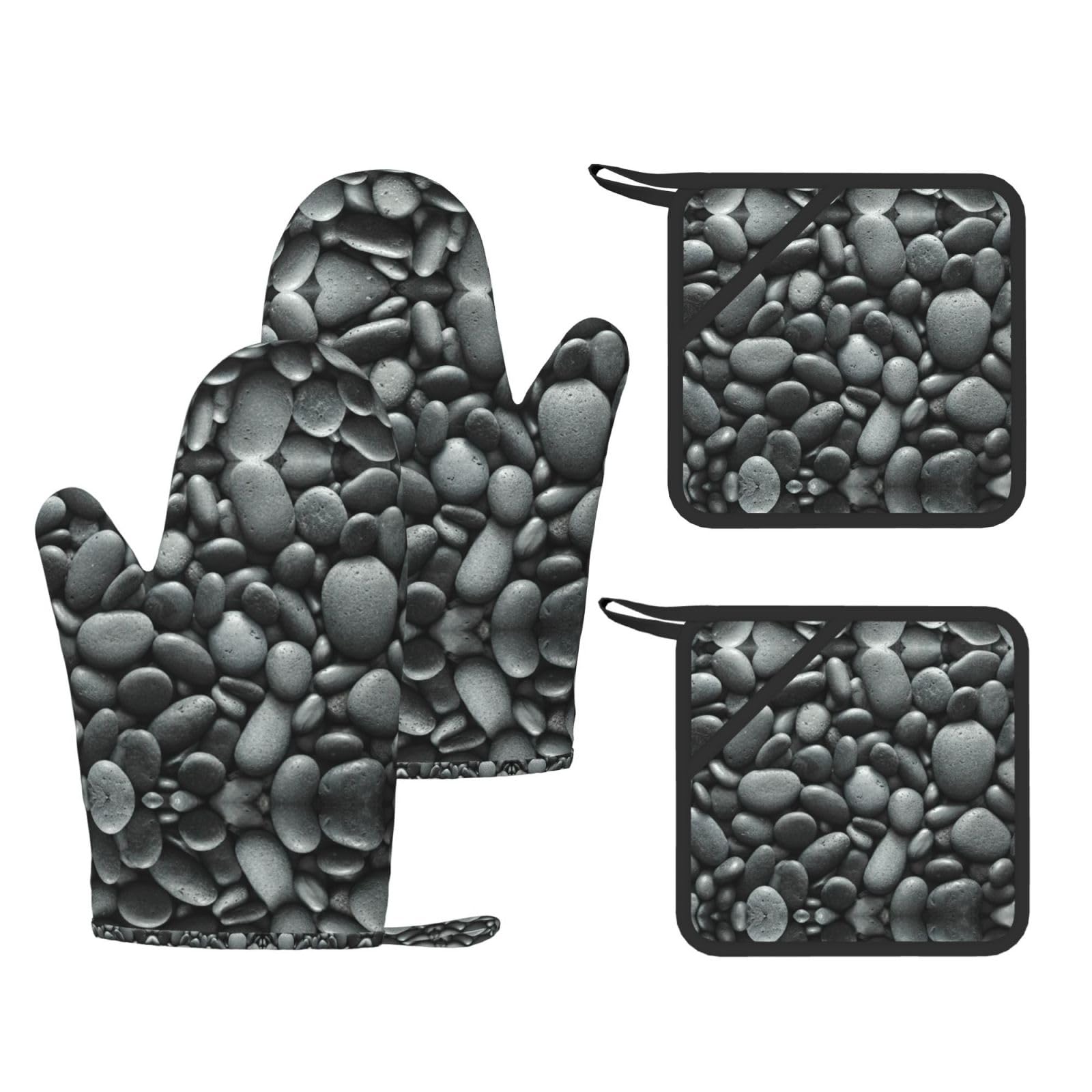 Many Black Pebbles Printed Oven Gloves and Hot Pads Set of 4, High Heat Resistant Silicone Mitts for Cooking BBQ