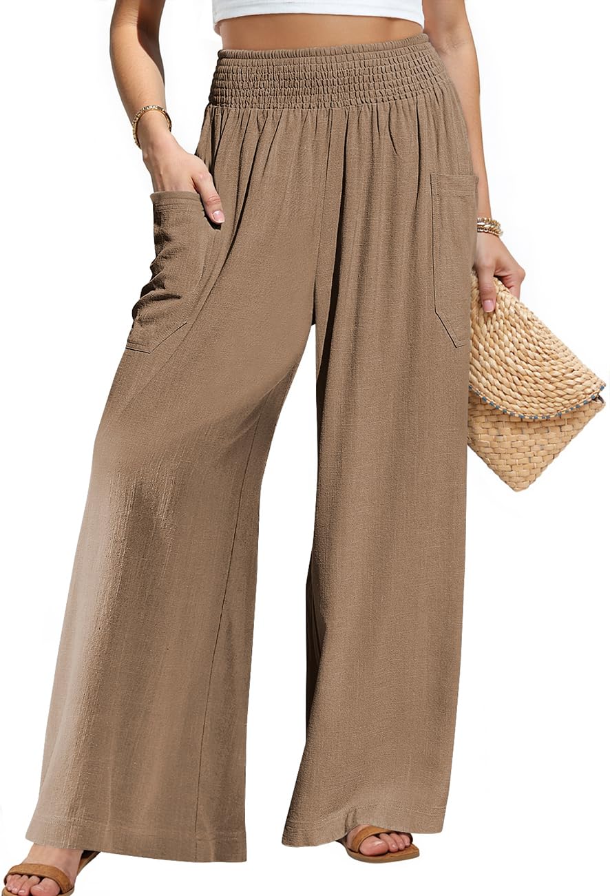 TARSE Women Linen Palazzo Pants Wide Leg Summer Boho High Waist Casual Lounge Pant Beach Travel Vacation Outfits