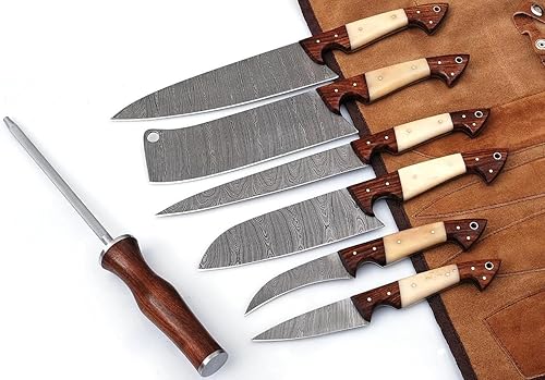 Damascus Knives - Juego de cuchillos de cocina profesionales hechos a mano, 7 piezas, el mejor juego de chef de hoja de acero con bolsa de