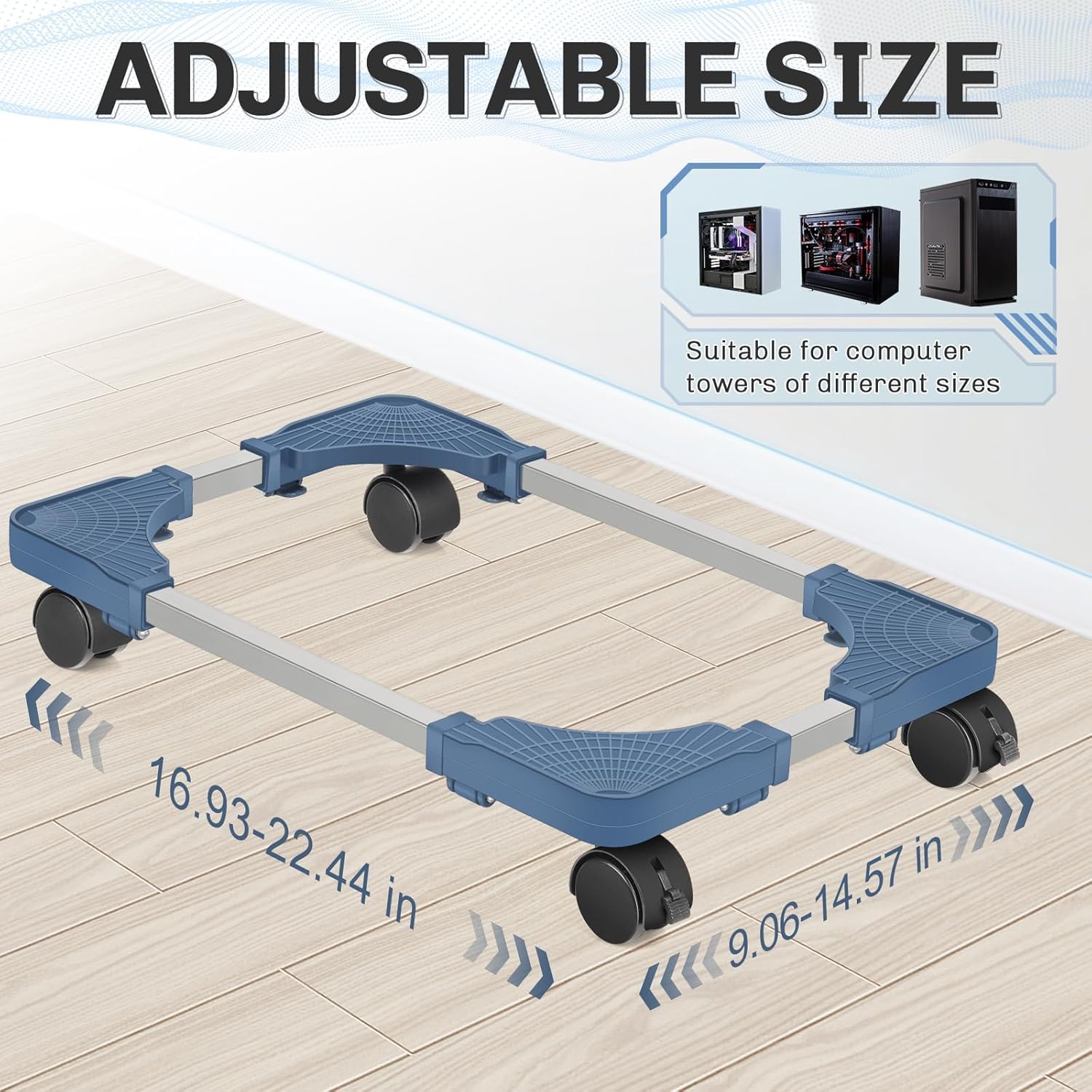 Hmseng Pc Tower Stand, Adjustable Mobile CPU Stand with 4 Rolling Caster Wheels, Fits Most PC Under Desk-Blue - Image 2