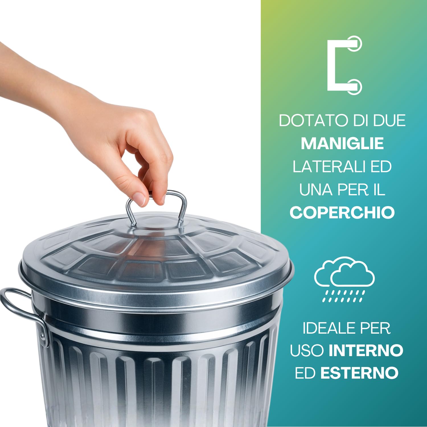 PALUPLUS Bidone per Rifiuti in Metallo Zincato, Misura 30x30x35 cm, Pattumiera con Coperchio e Maniglie, Secchio per Immondizia Antiruggine da Esterno -3546C -1,90 (18 Litri)