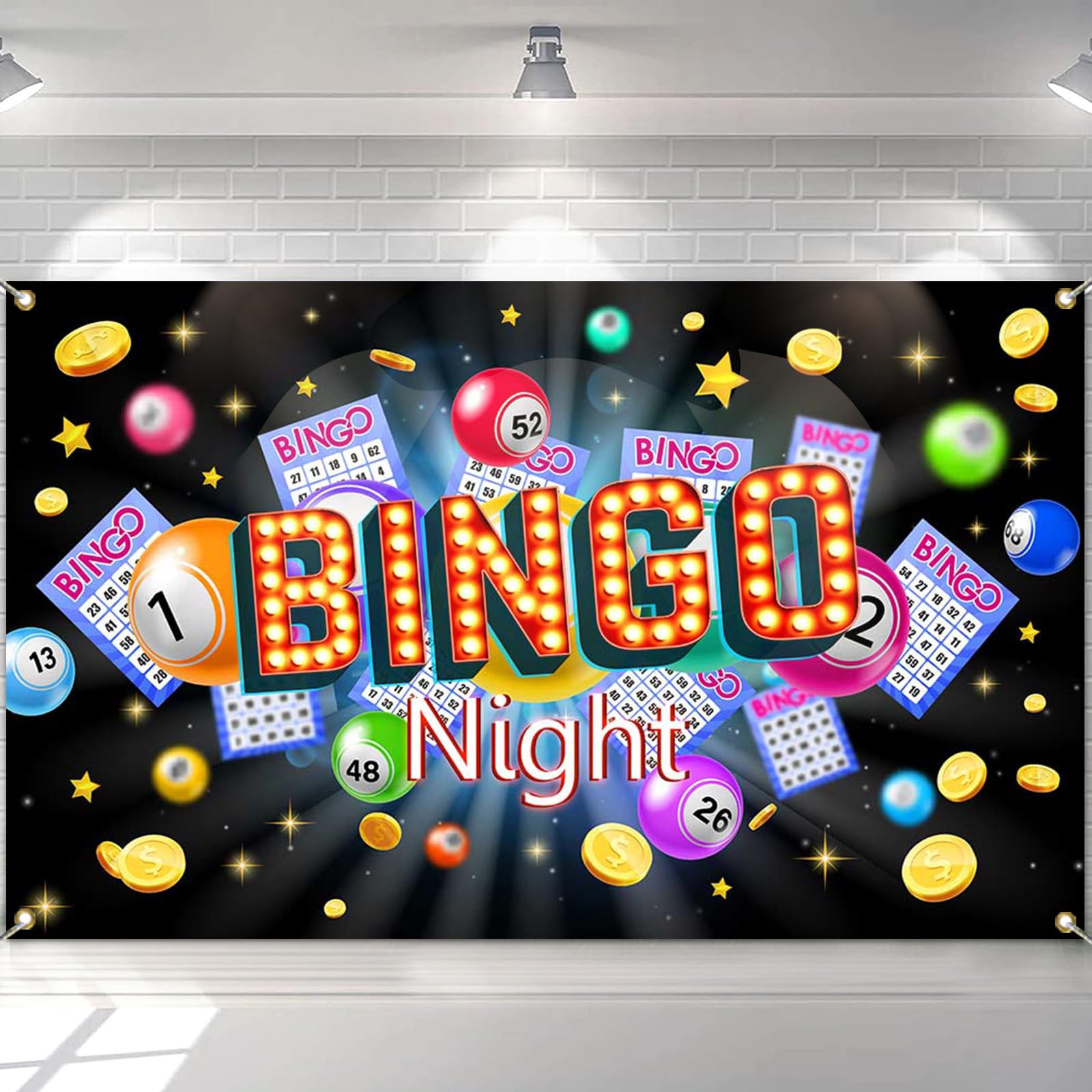 Mocsicka Bingo Night Backdrop Banner Billiards Winning Ball Gold Coins Game Time Party Supplies Background Cake Table Decoration Photography Backdrop