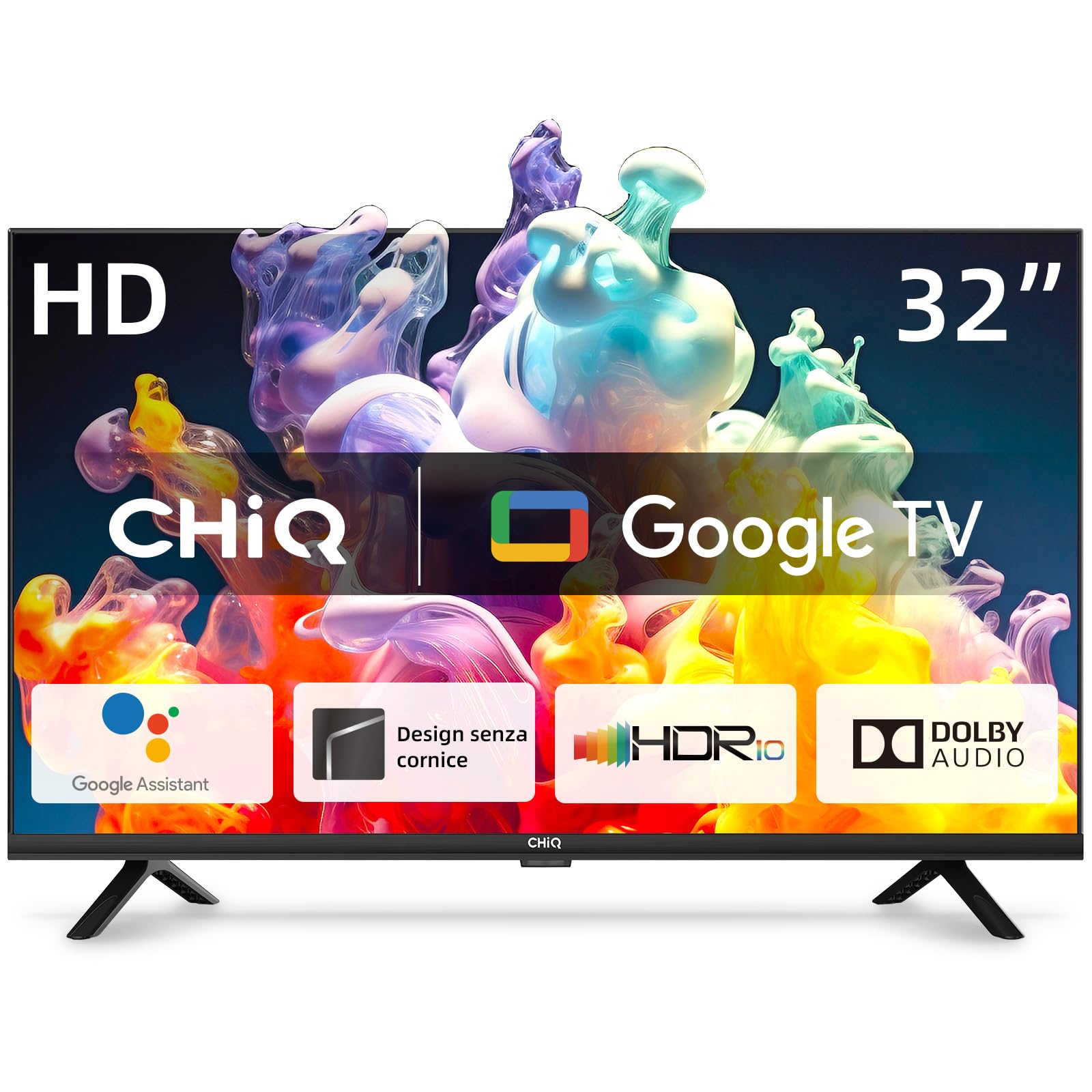 CHIQ 32-calowy telewizor L32G7V, Google TV, HD, bezramowa konstrukcja, Google Assistant, Google Play, wbudowany Chromecast, potrójny tuner, Wi-Fi 5G, Bluetooth, HDMI Arc, USB2.0, CI+