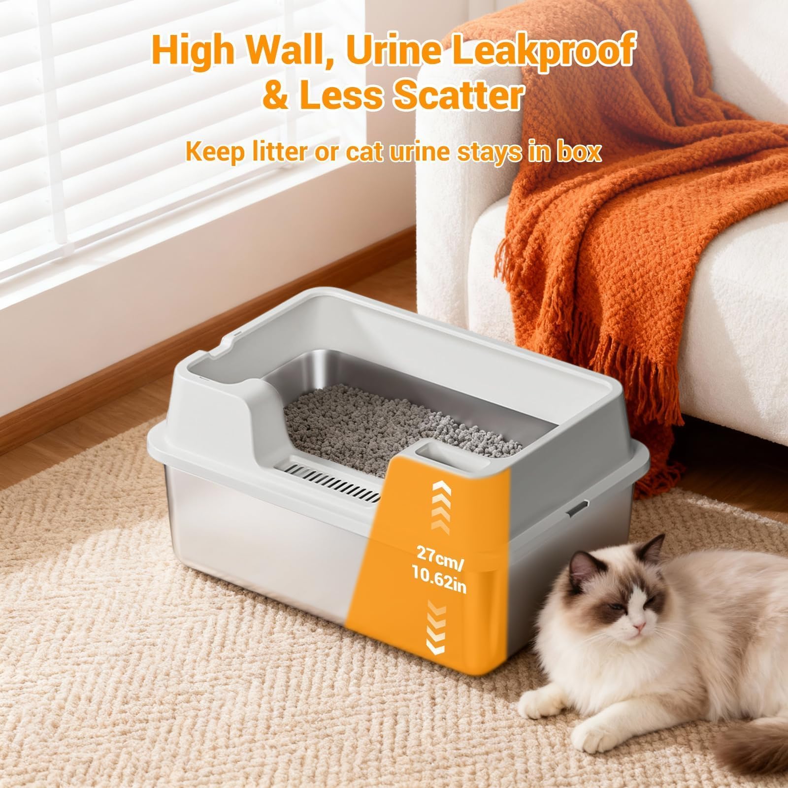 Stainless Steel Cat Litter Box Extra Large - High Sided, Non-Stick, Odor Resistant Metal Litter Pan for Multiple Cats, Big Cats & Rabbits; Anti-Urine Leakage, Easy to Clean, Non-Slip Base - image 4