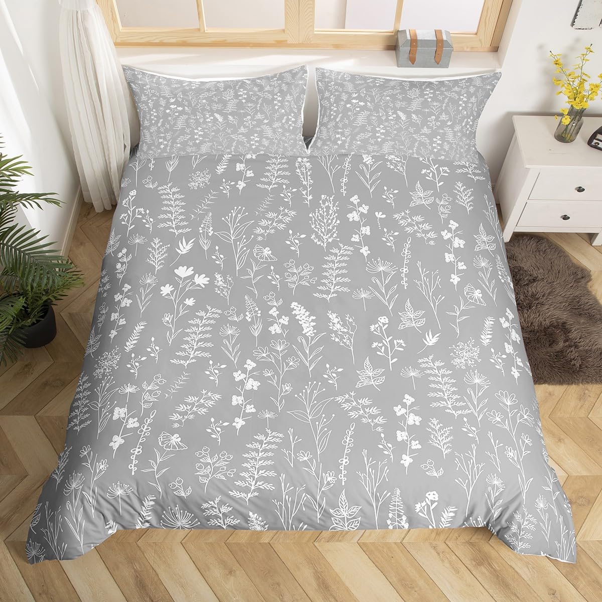 Homemissing Vintage Printed Duvet Cover Set Single Size Cute Floral Bedding Set for Kids Teen Women Wildflower Botanical Pattern Comforter Cover White Grey Bed Cover Soft All Season 2Pcs