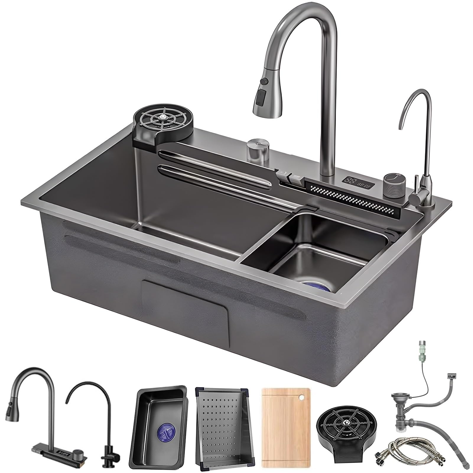 WIQUYBML Multifunctional Kitchen Sink Made of Stainless Steel with Waterfall Effect, Large Workstation Sink, Single Bowl Attachment Mounting, Drain Button and Complete(Black GreyB,68x45cm)