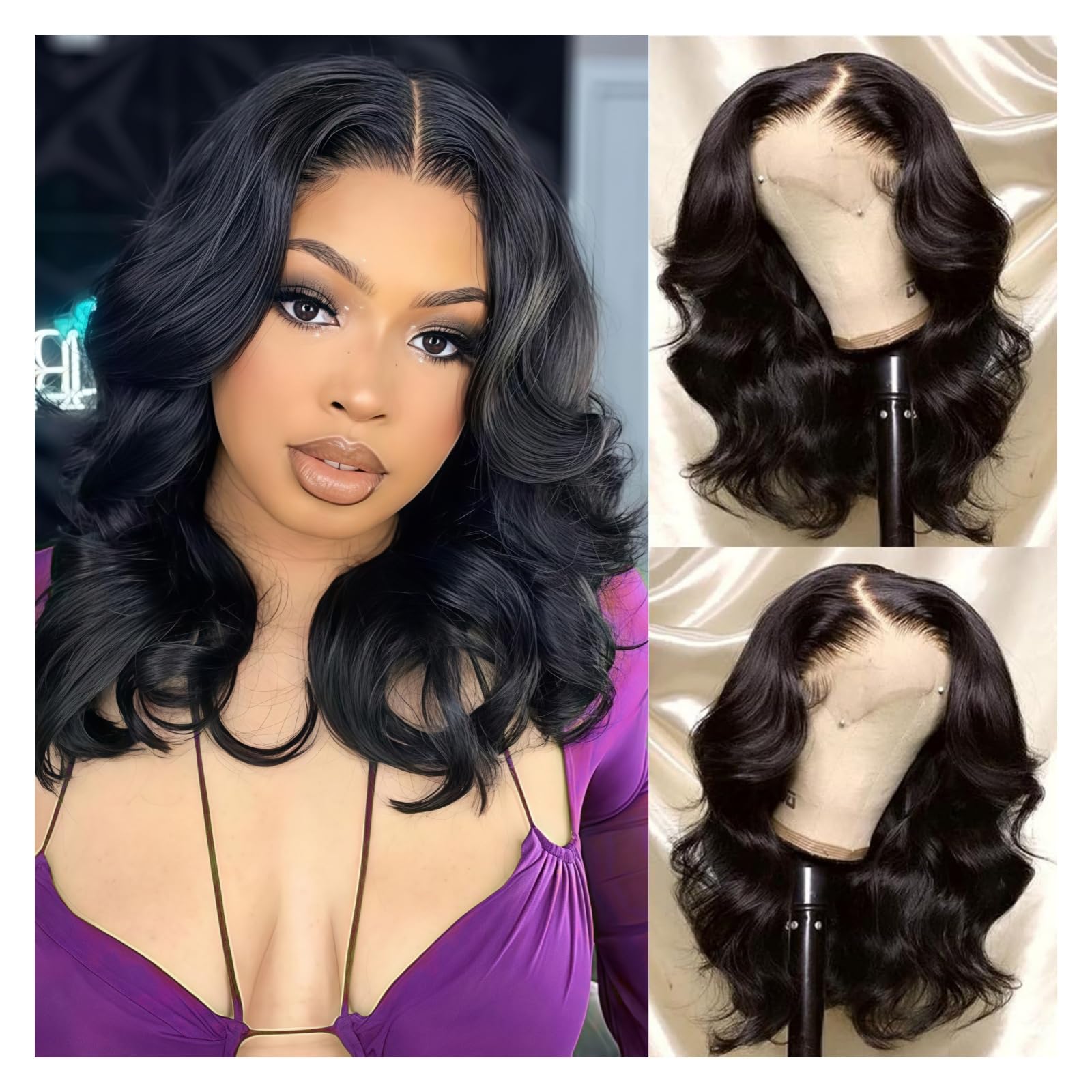 Bob Wig Human Hair 13x4 Frontal Lace Wig 16 Inch Body Wave 180% Density HD Lace Front Wigs Human Hair Pre Plucked Bob Wigs for Women Natural Black