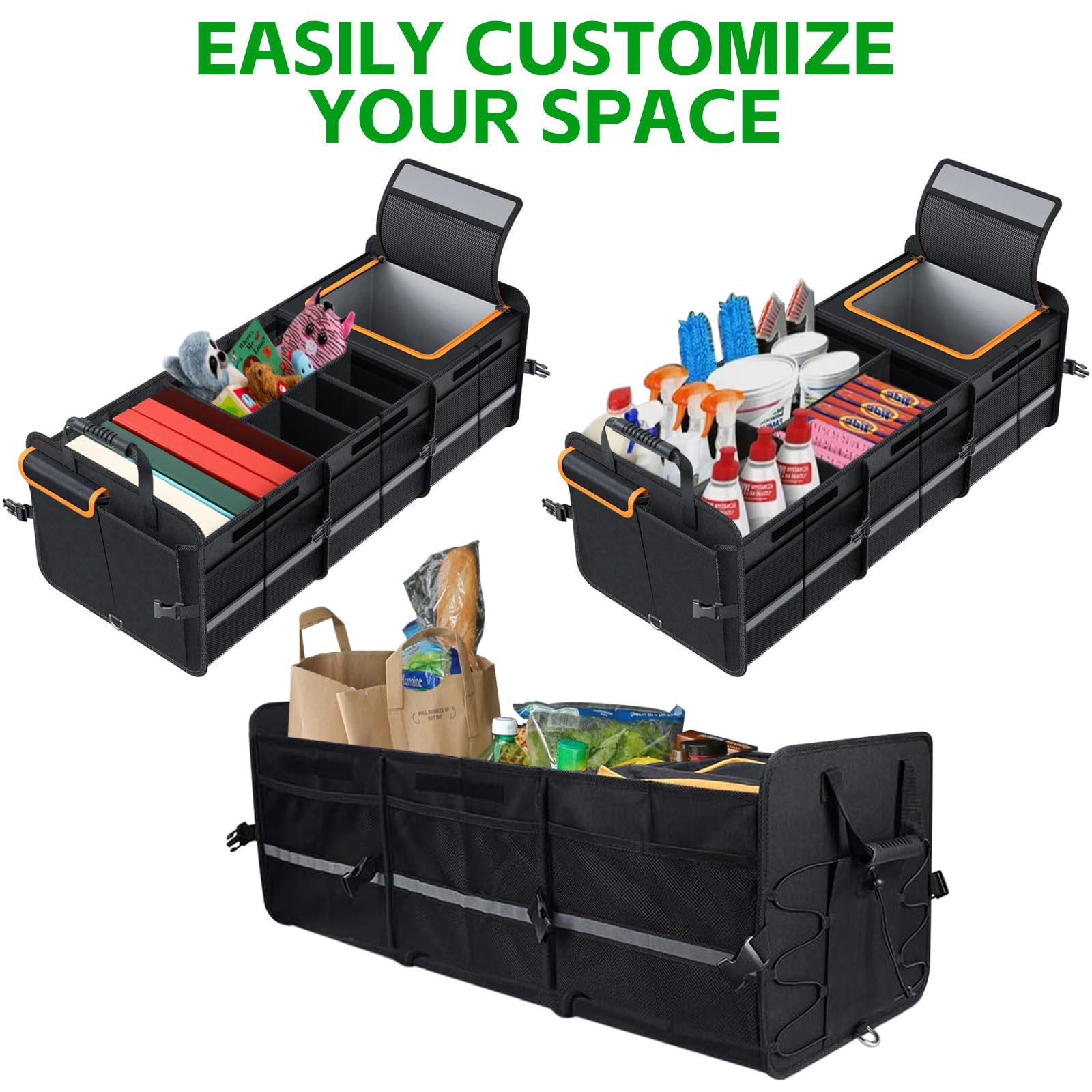 LIROPAU Organizador plegable para maletero de coche, con bolsa térmica aislada a prueba de fugas, múltiples compartimentos con separadores extraíbles, tapa plegable, organizador de maletero con gran