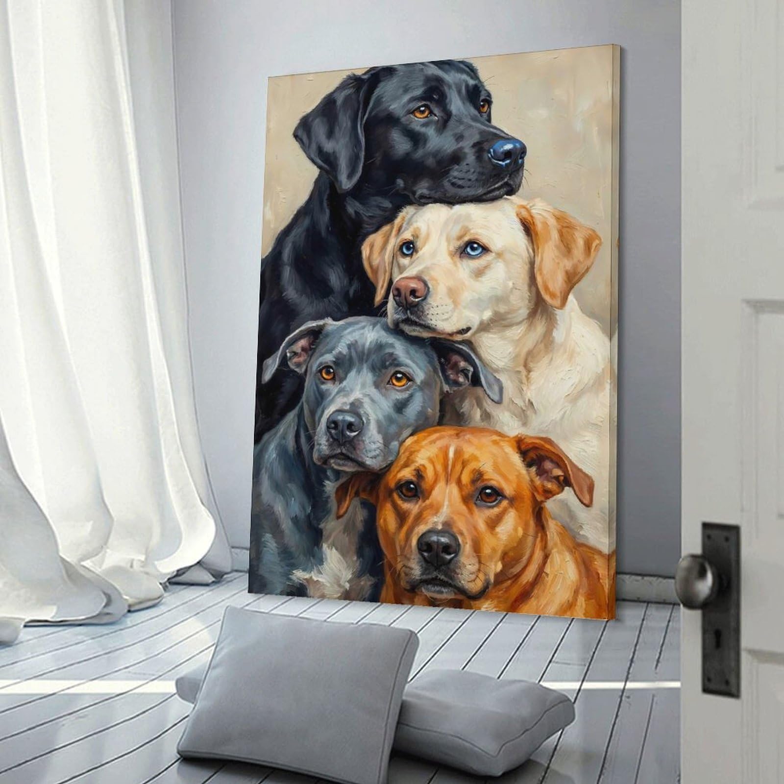 Junmoney Frame-Style-13 Stacked Dogs Portrait Painting Wall Picture Print, 12X18inch(30X45cm), For Wall Displays, Bedrooms Or Room Updates, Decorative Artwork With Flexible Styling