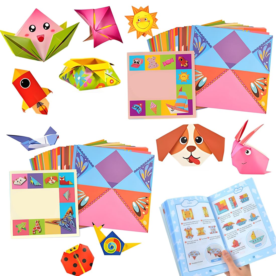 Juego De Origami Para Niños 108 Hojas De Papel Con 54 Patrones + 50 Papeles de Colores Kit De Origami Con Libro De Instrucciones Papel De Origami Para Niños Niñas Principiantes 14x14CM