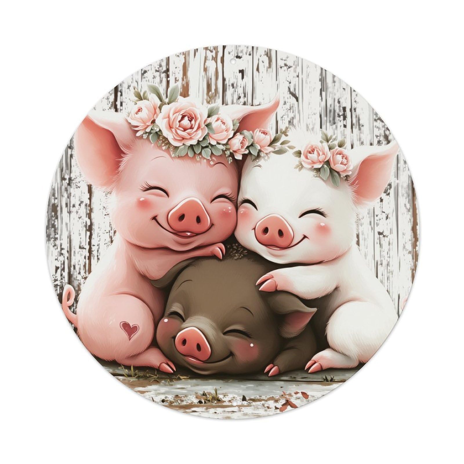 Cute Pigs With Flowers And Hearts Round Tin Sign Vintage Metal Poster, Home Bar Garage Man Cave Cafe Indoor & Outdoor Wall Decoration 8x8Inches