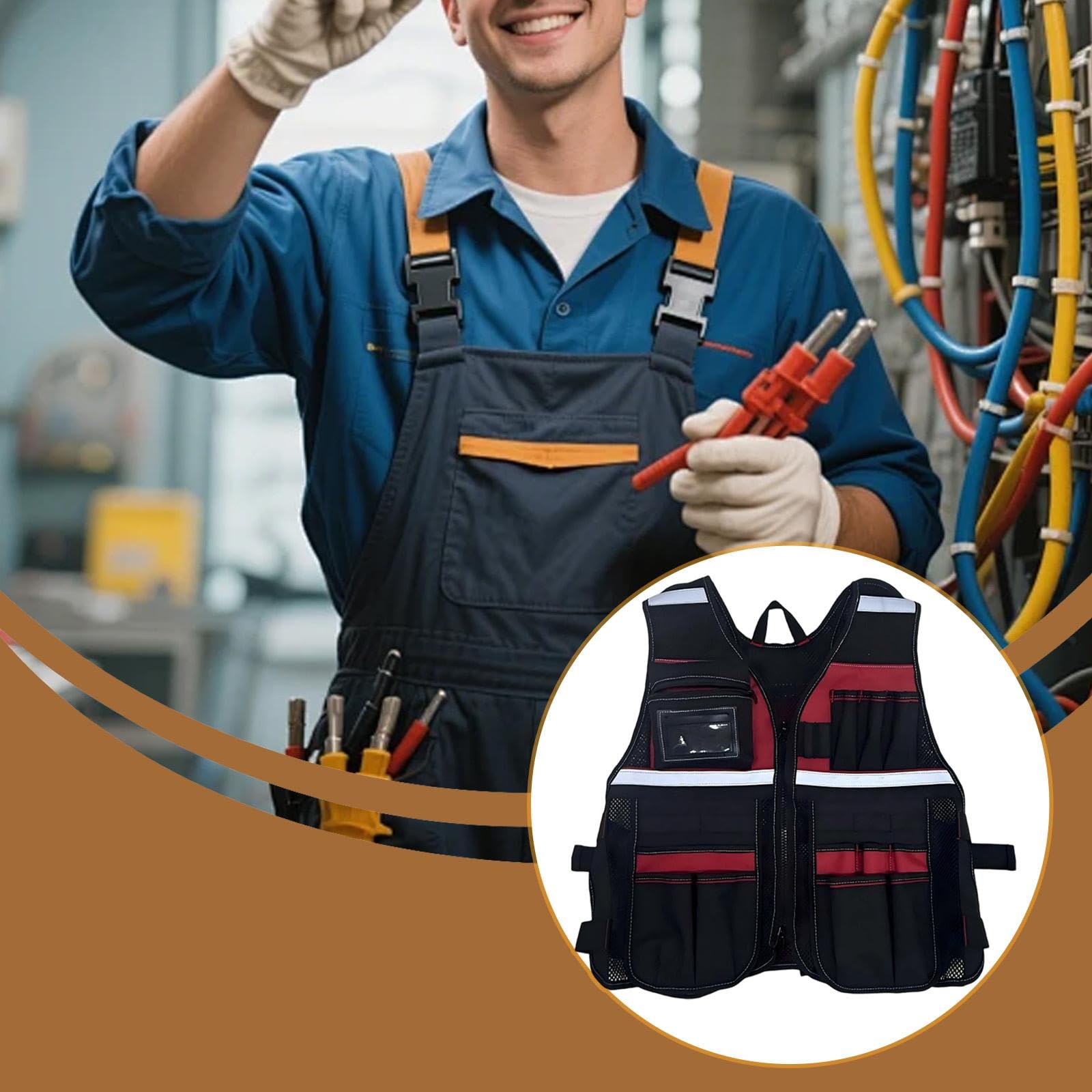 Chaleco Portaherramientas Ligero para Adultos, Ideal para Trabajos de Mantenimiento Al Aire Libre Y Fontanería, Color Negro Y Azul, negro y rojo