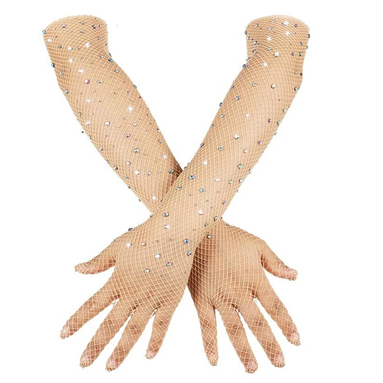 4 Pares de Guantes Largos y Finos de Rejilla sexys for Mujer, a la Moda, con Personalidad, elásticos, Transparentes y Huecos for Cosplay para Boda, Graduación(Beige)
