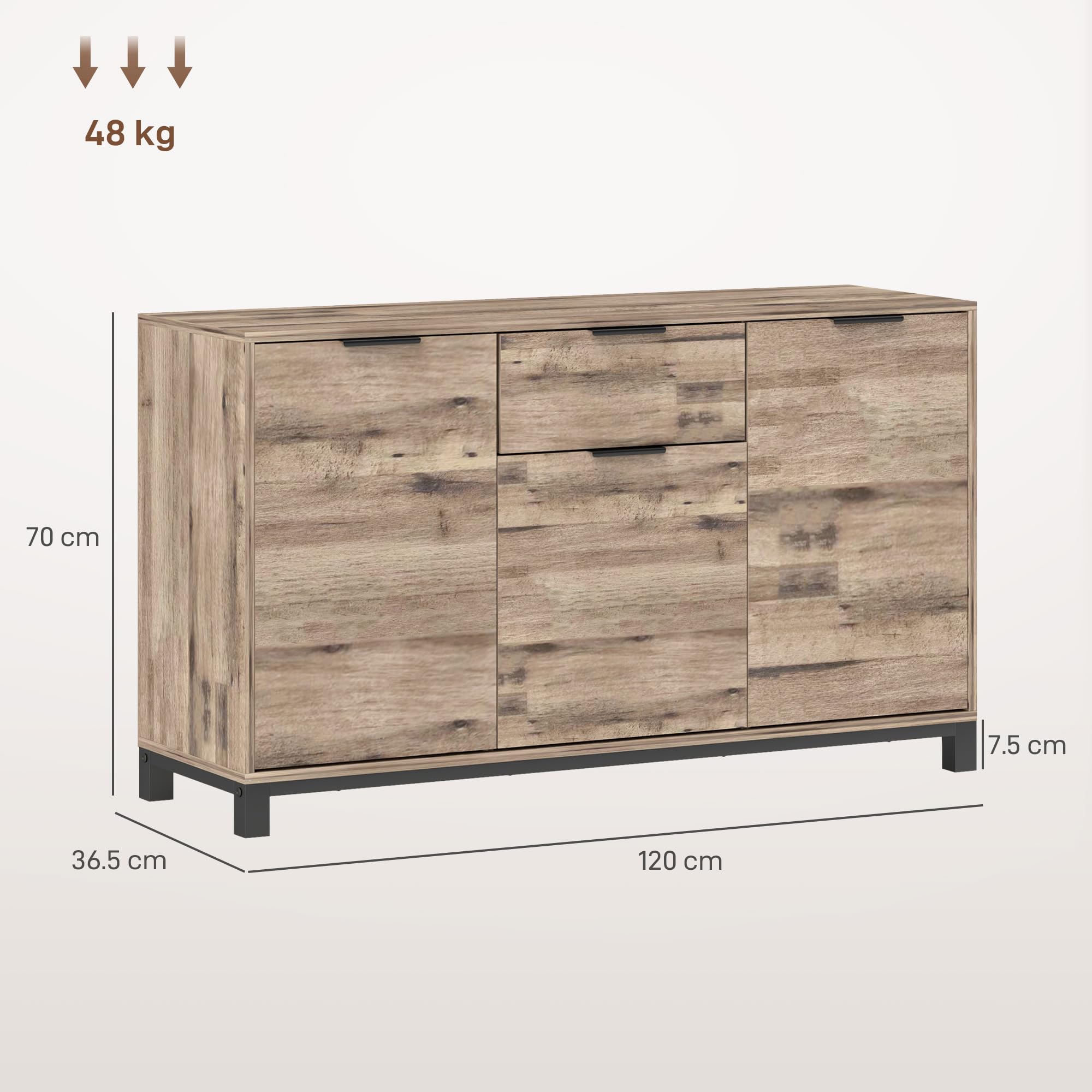 HOMCOM Mobile Soggiorno Madia, 3 Armadietti, 120x36.5x70 cm, Marrone | Credenza Soggiorno, Cassetto, Ripiani Regolabili, Gambe in Acciaio in Stile Industriale, Sala da Pranzo, Cucina