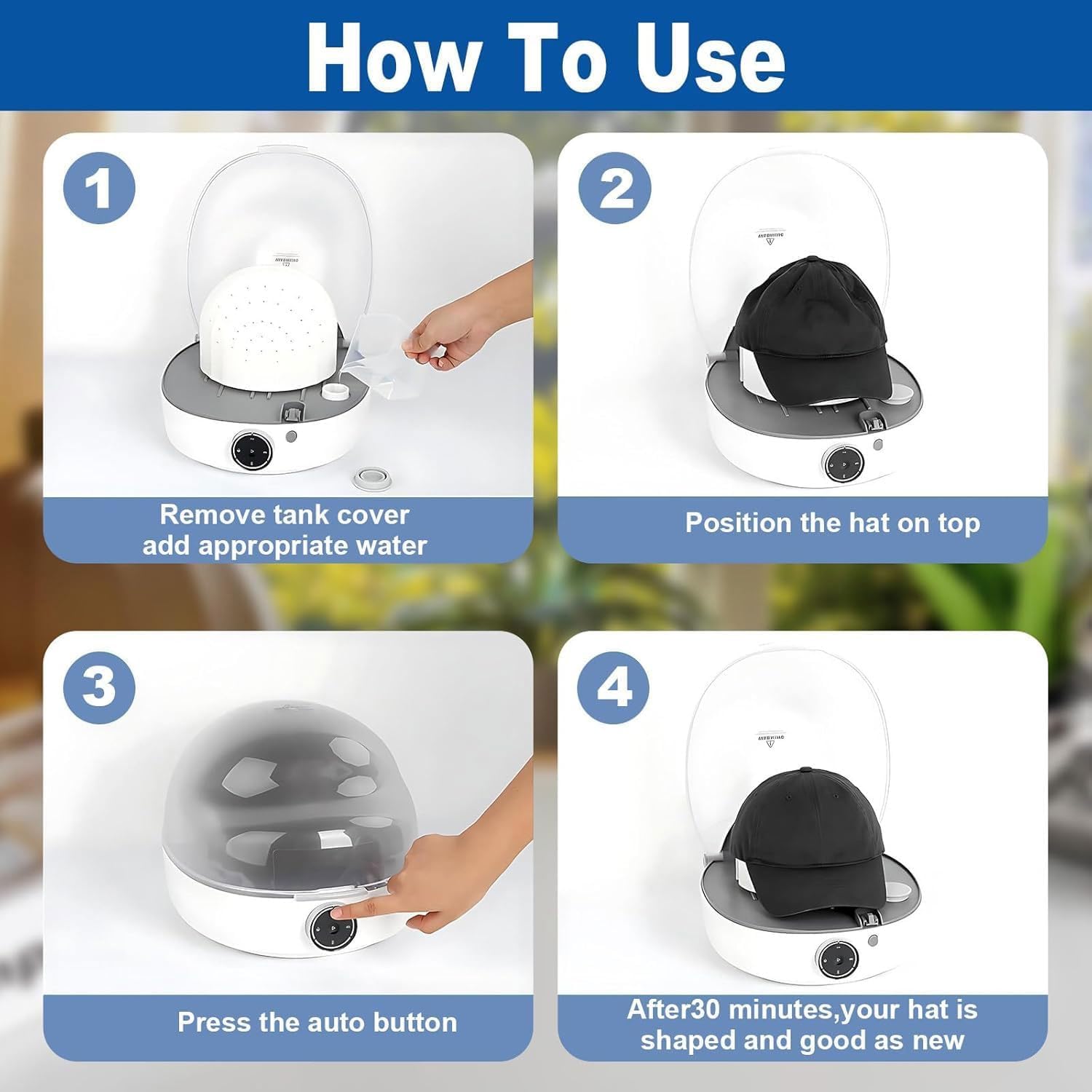 Pulitrice e Modellatrice Cappelli Automatica 3-in-1 a Vapore - Macchina per Cura, Stiraggio e Asciugatura Rapida per Cappellini Baseball, Bucket Hat, Fedora - Sanificazione e Deodorizzazione