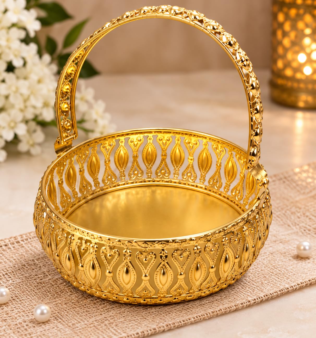 Sovilifestyle Elegant Golden Decorative Basket with Handle | Multipurpose Gift Hamper & Serving Basket-image-48