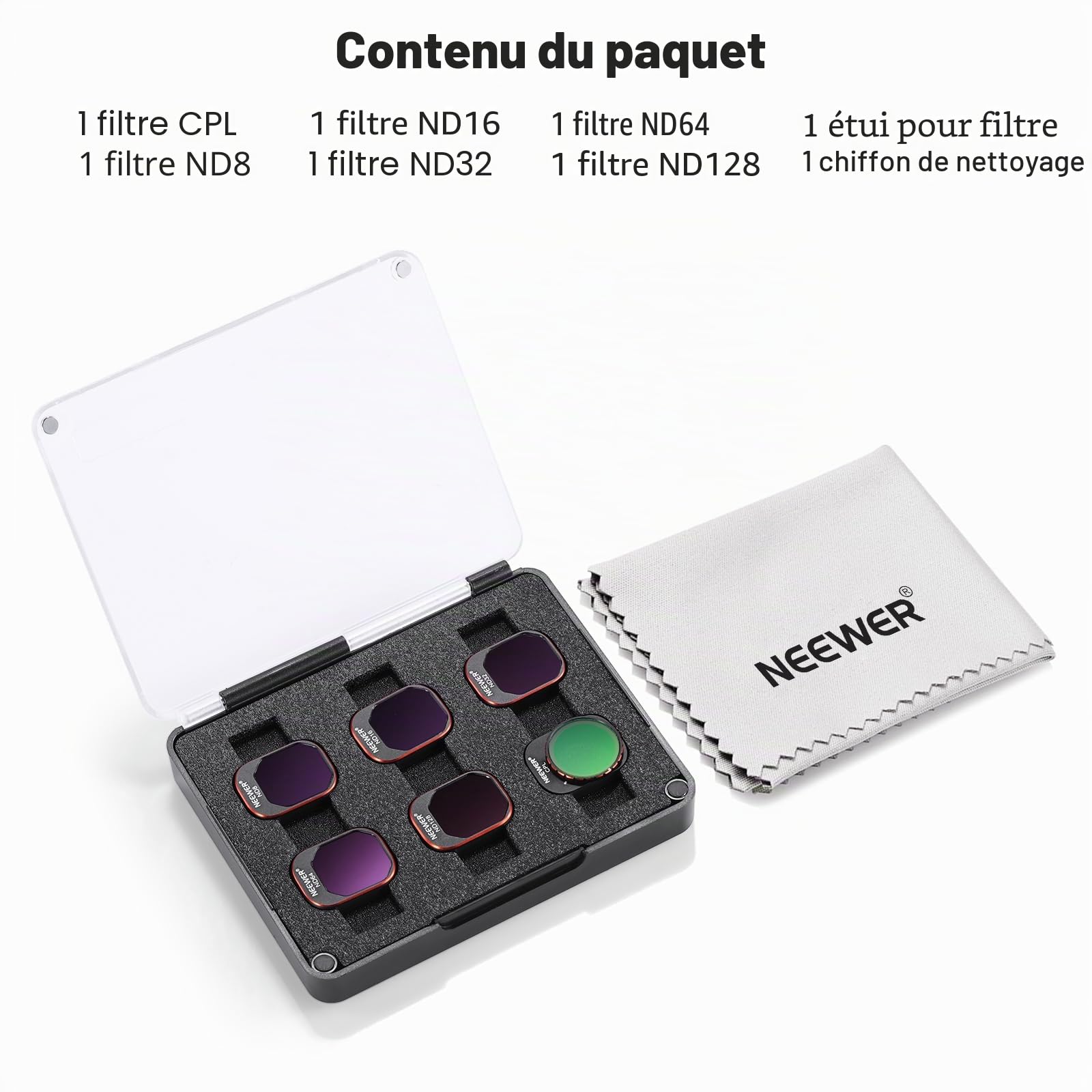 NEEWER Lot de 6 filtres ND&CPL à Clipser compatibles avec DJI Mini 4 Pro, filtres CPL et filtres à densité Neutre ND8 ND16 ND32 ND64 ND128 avec Cadre Ultra Fin en Verre HD Enduit Double Face