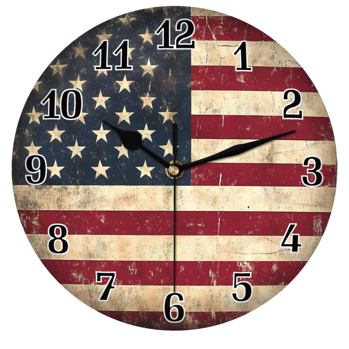 AUUXVA Vintage USA American Flag Round Acrylic Wall Clock, Silent Non Ticking Art Painting for Kids Bedroom Living Room Office School Home Decor