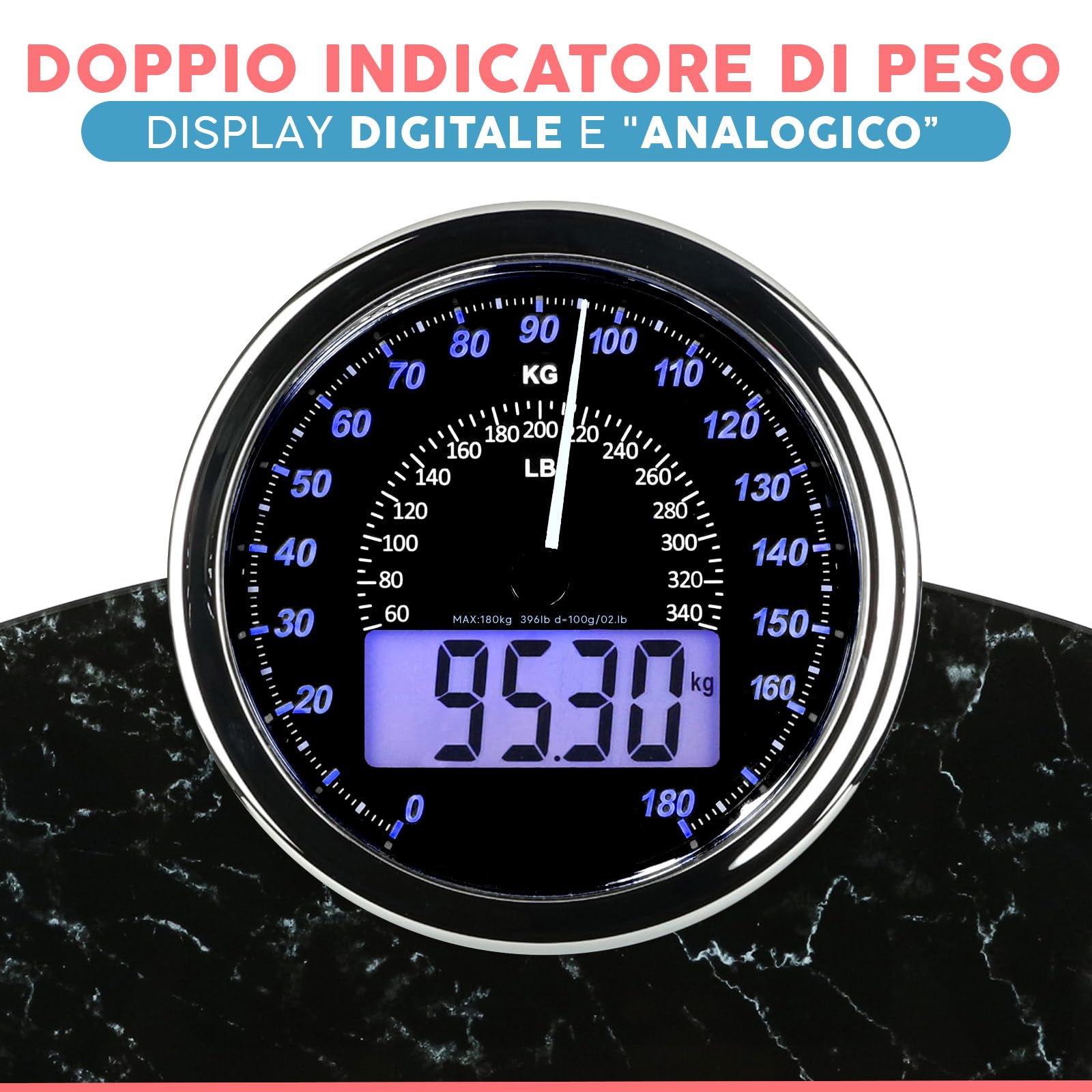 Hybrid Bilancia Pesapersone - Analogica & Digitale, Precisa fino a 180 kg | Leggete il peso su quadrante analogico e LCD insieme. Piattaforma larga, 3 batterie AAA incluse, pronta all'uso.