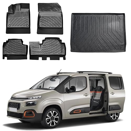 Floor Mats & Cargo Liner Set for Citroen Berlingo 2019-2024 | Black TPE All Weather Custom Fit Floor Liner for 1st 2nd Rows and Trunk Car Mats