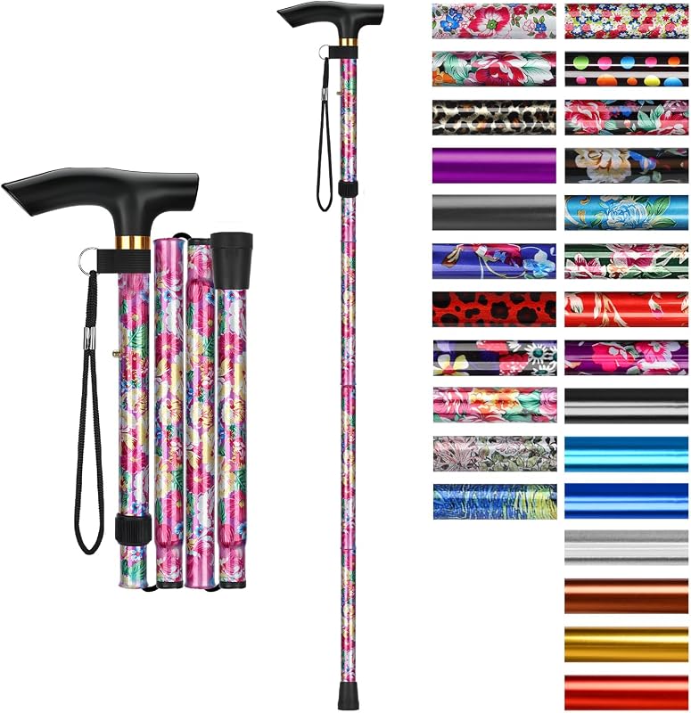 supregear Folding Cane, 5-Level Adjustable Height Walking Stick Lightweight Collapsible Portable Travel Cane with Wrist Strap and T Handle for Elderly Disabled Men Women