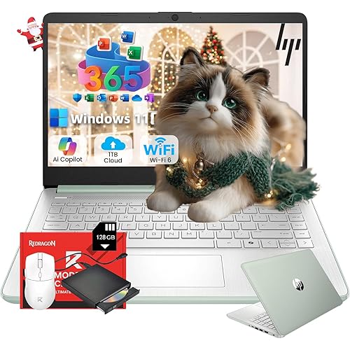 HP 14" Laptop 2025 Business Student Slim Computer, 1-Y Office 365, Copilot AI, Quad-Core Intel CPU, 16 GB RAM, 128GB UFS & 128GB SD Card, Wi-Fi 6, Windows 11 Pro, JQ2XzAccessory, Green