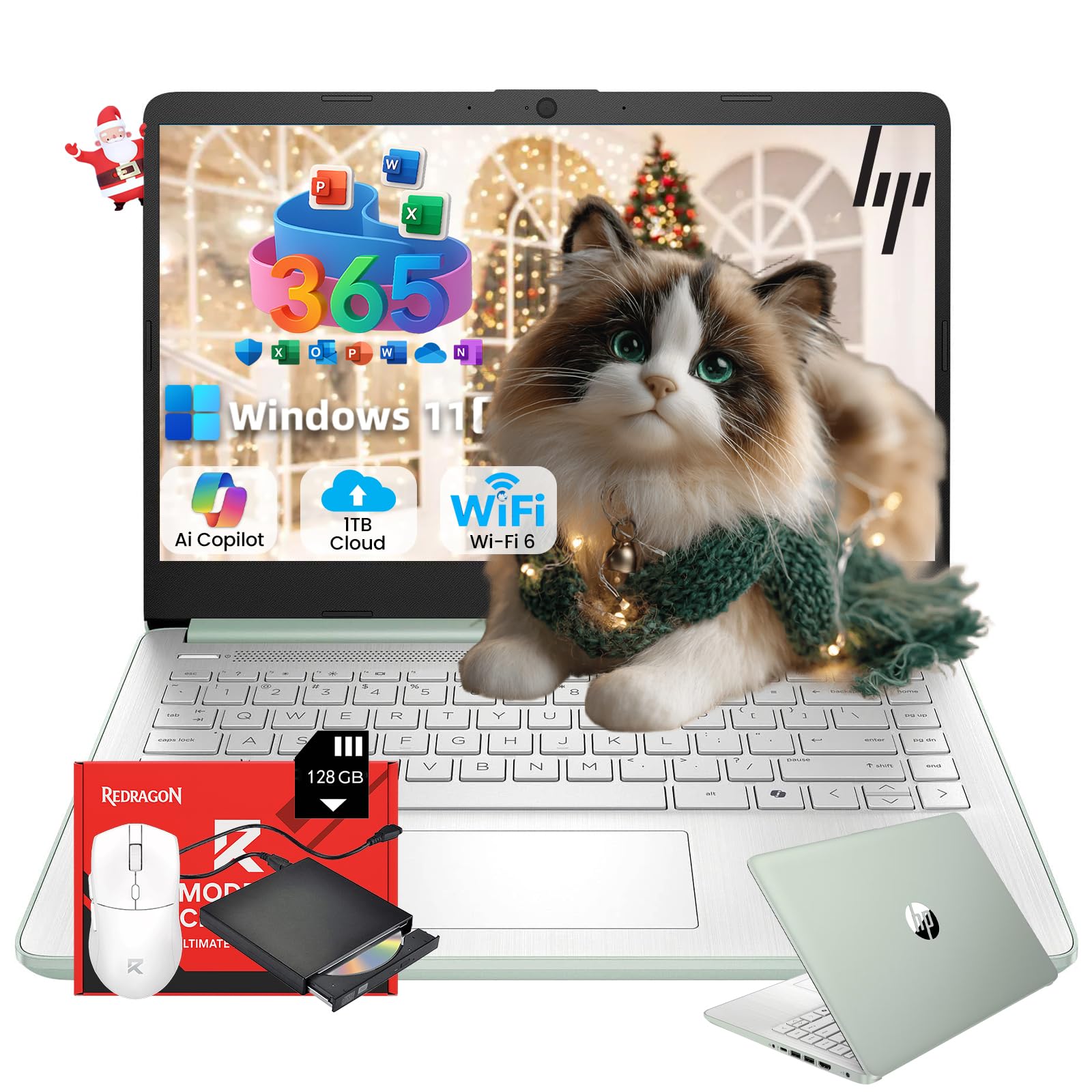 HP 14" Laptop 2025 Business Student Slim Computer, 1-Y Office 365, Copilot AI, Quad-Core Intel CPU, 16GB RAM, 128GB UFS & 256GB SD Card, JQ2XzAccessory, Wi-Fi 6, Win 11 Pro, Green