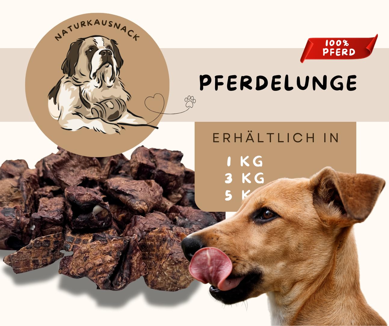Warnick's Hundesnack Pferdelunge getrocknet als Leckerli - 2 kg | Naturkausnack für Hunde aus 100% Pferd - Mager & hypoallergen - Luftgetrocknet ohne Zusätze - Für sensible Hunde