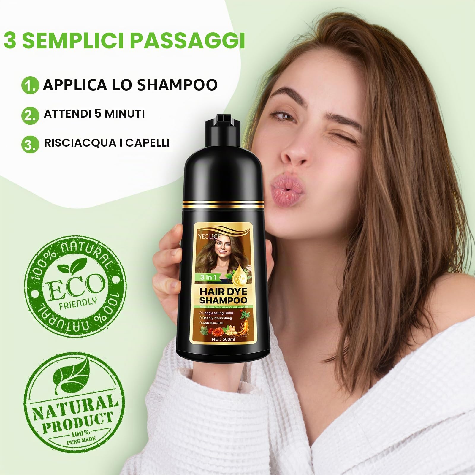 Shampoo colorante per capelli grigi 5 colori, 3 in 1, a lunga durata, shampoo per capelli istantanei, per uomini e donne, ingredienti aromatici (500 ml) (caffè)