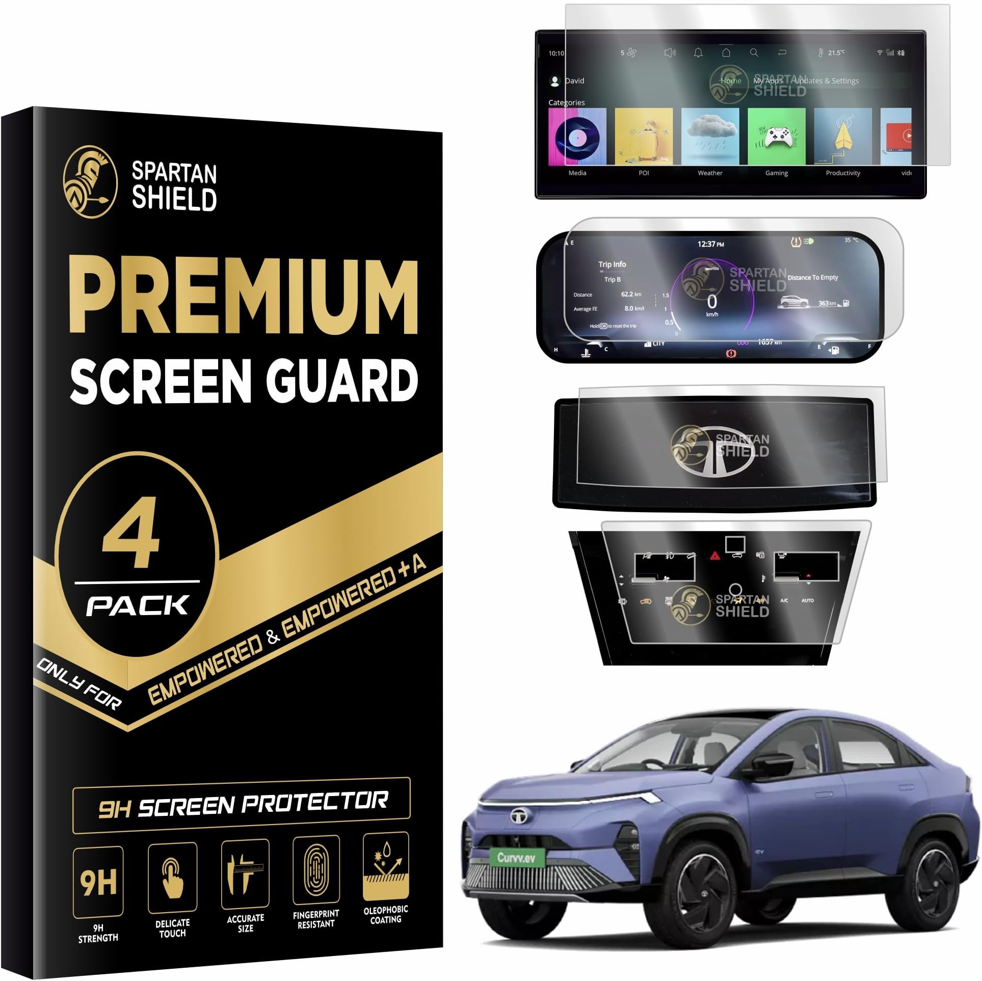 {4 PACK Screen Guard For TATA CURVV EV 2024 || 12.3 INCH INFOTAINMENT + INSTRUMENT CLUSTER + STEERING + AC Protector || Curvv.EV Car Digital Display Accessories [Not Tempered Glass]